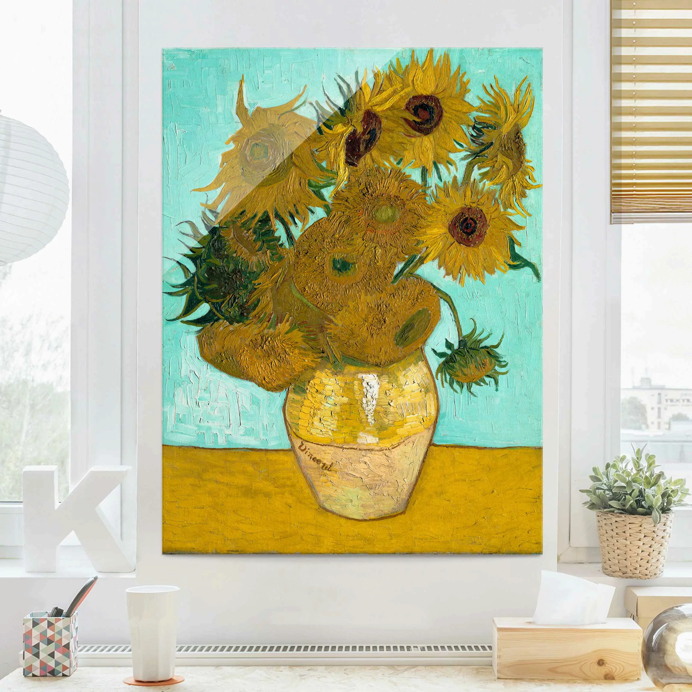 Glasbild Kunstdruck - Hochformat Vincent van Gogh - Vase mit Sonnenblumen günstig online kaufen