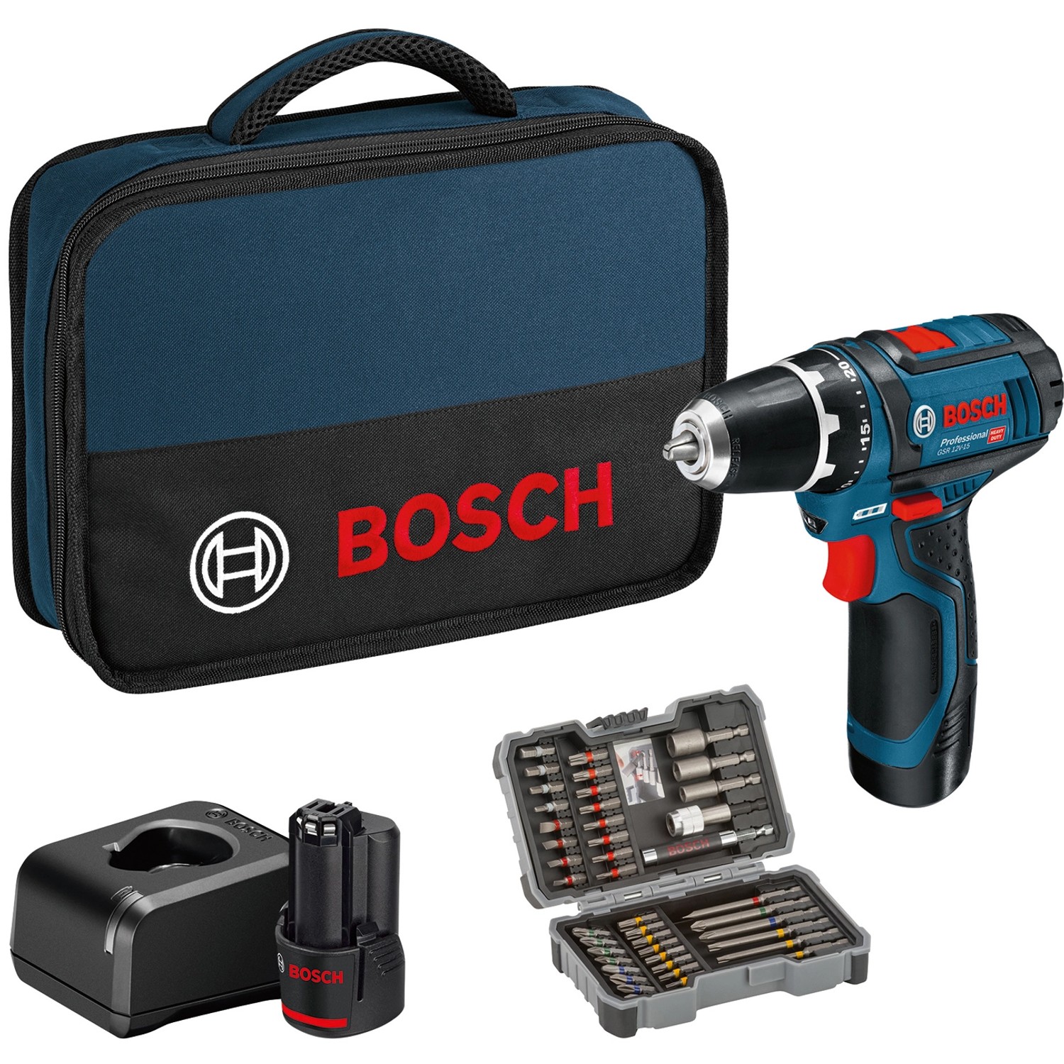 Bosch Professional Akku-Bohrschrauber GSR 12V-15 m. Akkus & 43 AC-Set in Ta günstig online kaufen