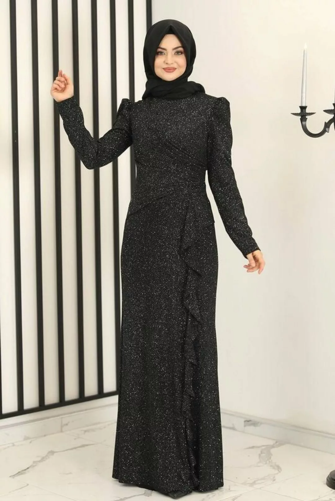 fashionshowcase Abendkleid Damen Glitzer Maxikleid mit Volant Abiye Abaya H günstig online kaufen