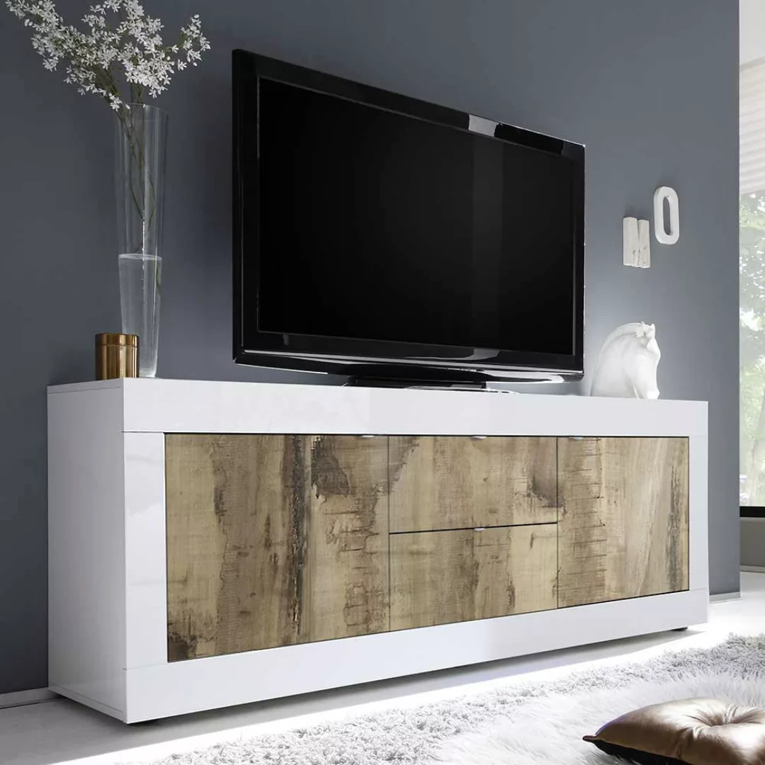 Modernes TV Sideboard in Weiß & Holz verwittert 210 cm breit günstig online kaufen