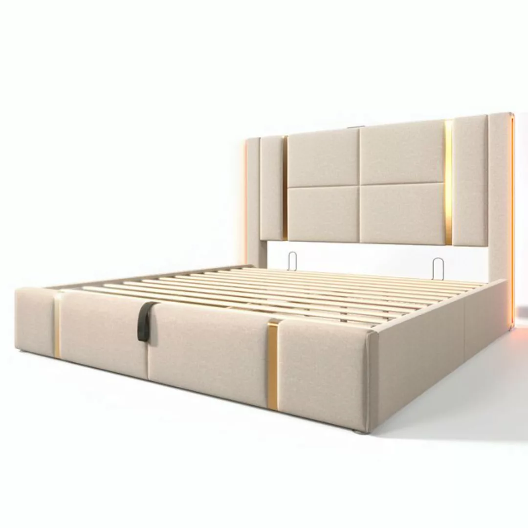 HAUSS SPOLE Polsterbett 140×200 mit Ladefunktion APP-Control LED Beige Lein günstig online kaufen