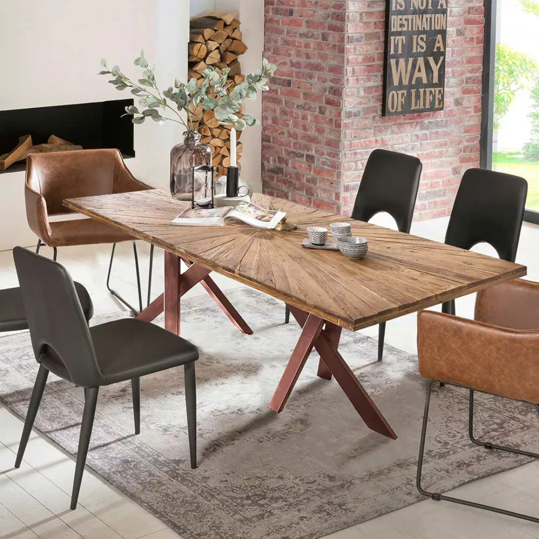 Esszimmer Tisch rustikal Platte mit Einlegearbeit Teak Recyclingholz günstig online kaufen
