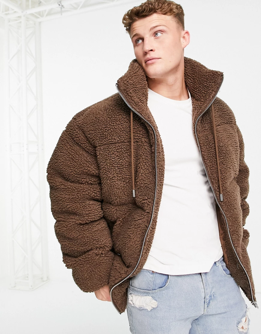 Barney's Originals – Oversize-Steppjacke aus Teddyfell in Braun mit Reißver günstig online kaufen