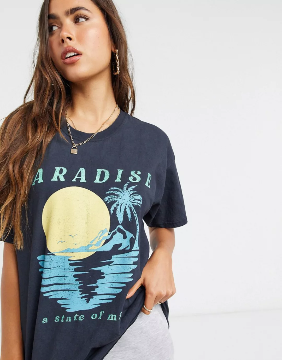 New Girl Order – Paradise – Übergroßes Strand-T-Shirt in Schwarz günstig online kaufen