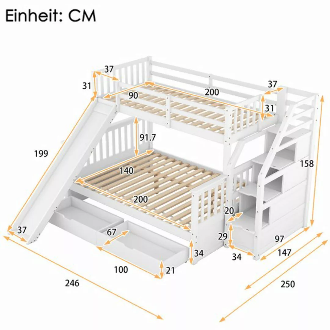 XDeer Kinderbett 90 x 200 über 140 x 200 Etagenbett mit Schubladen, Staurau günstig online kaufen