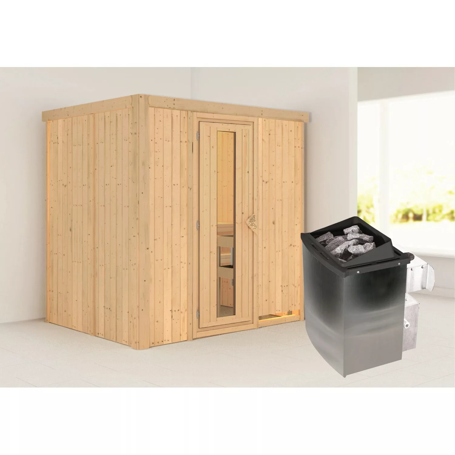 Karibu Sauna Bjar mit Tür u. Ofen mit Int. Steuerung 196 x 151 x 198 cm günstig online kaufen