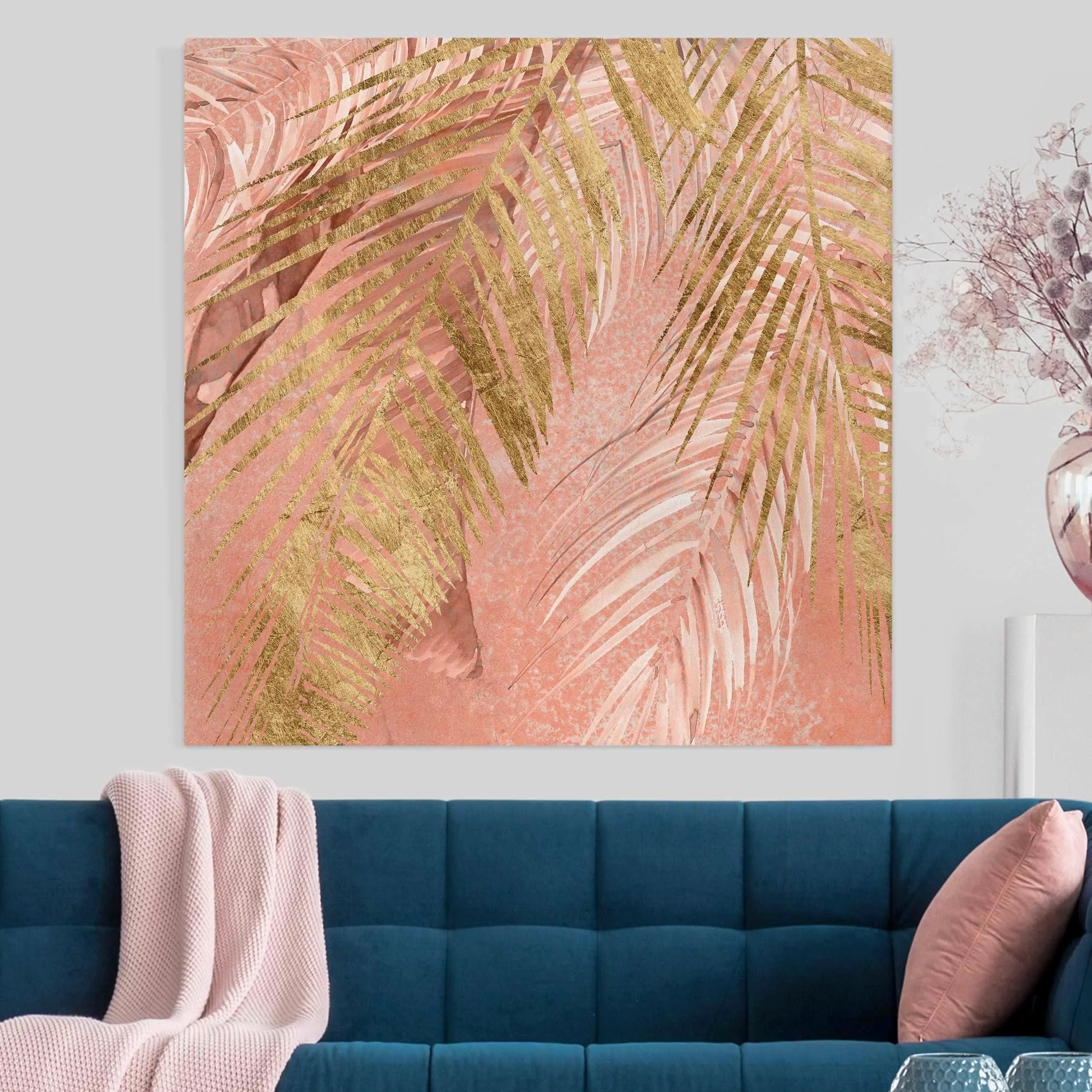 Leinwandbild Palmenblätter Rosa und Gold III günstig online kaufen