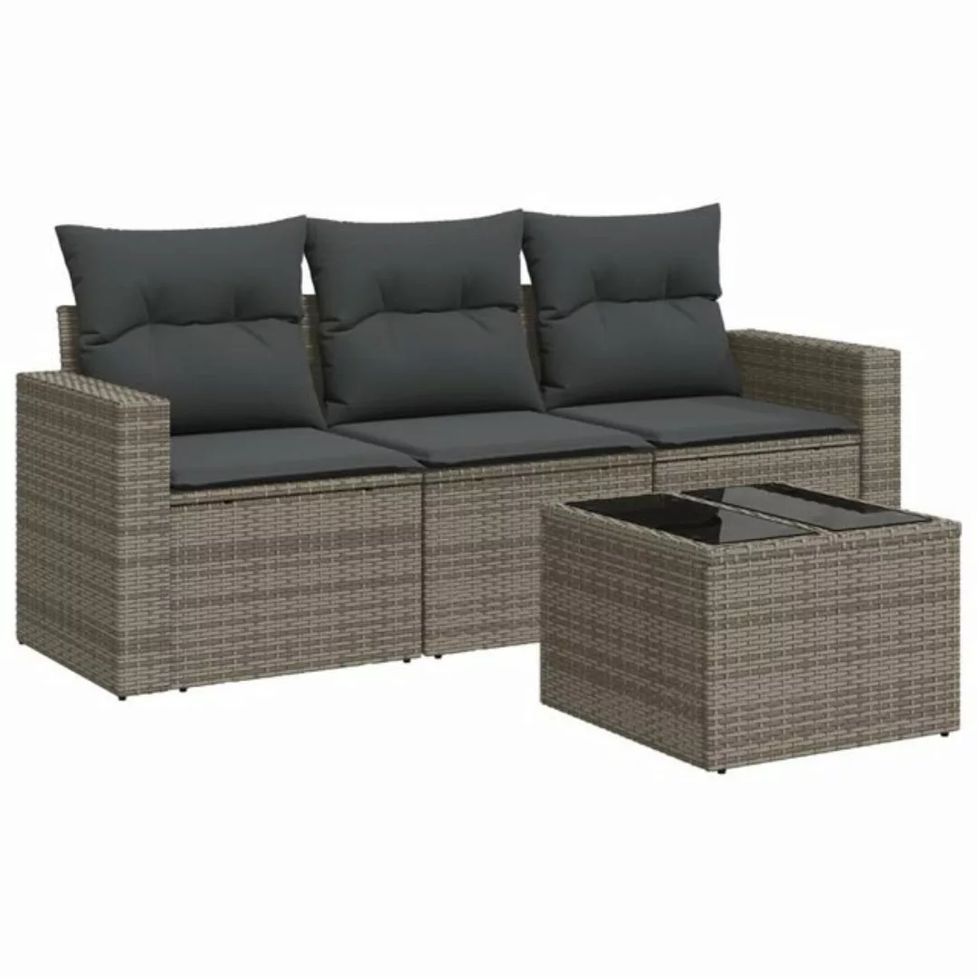 vidaXL Loungesofa 4-tlg. Garten-Sofagarnitur mit Kissen Grau Poly Rattan, 1 günstig online kaufen