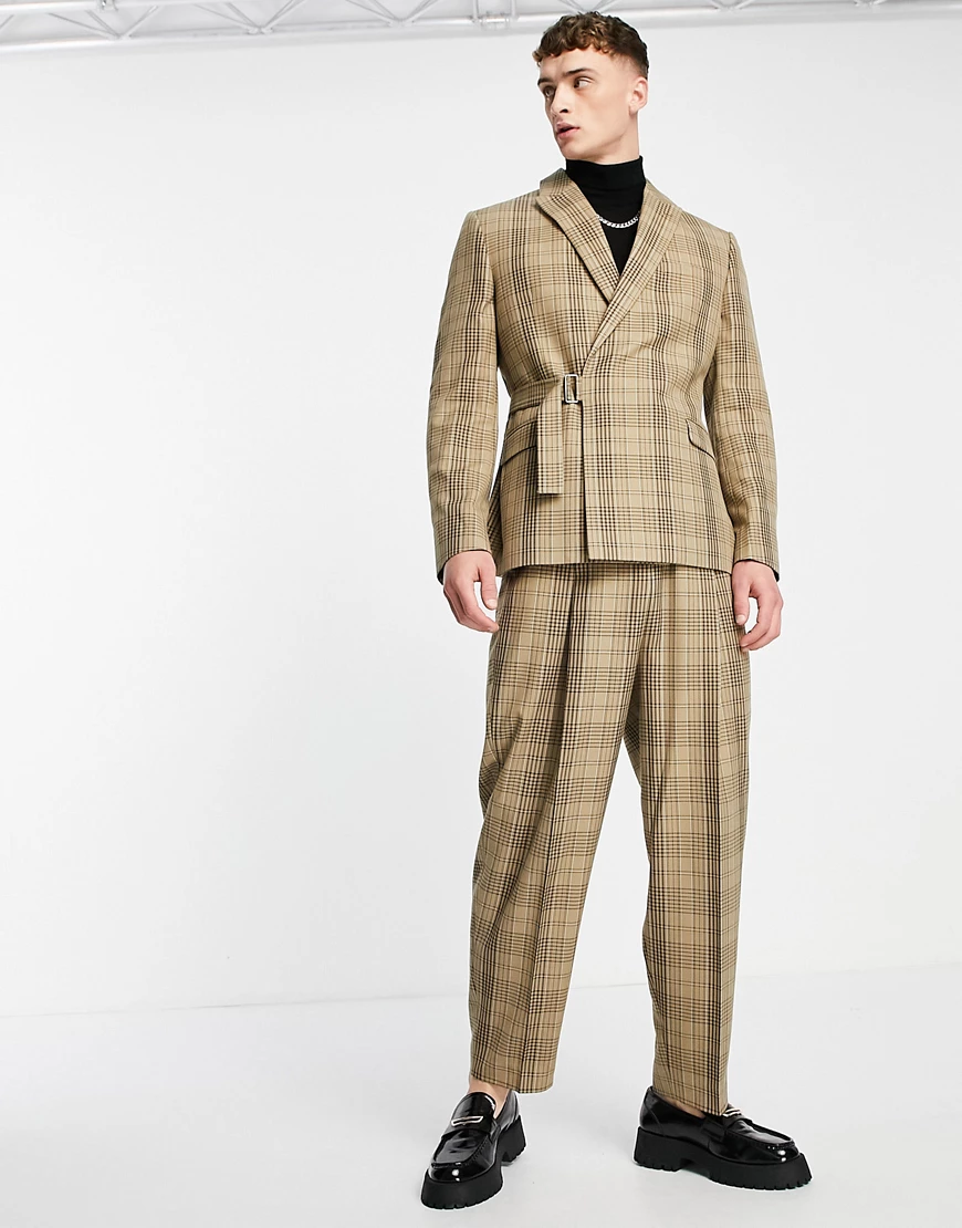 ASOS DESIGN – Weite Anzughose mit Karomuster in Beige-Neutral günstig online kaufen