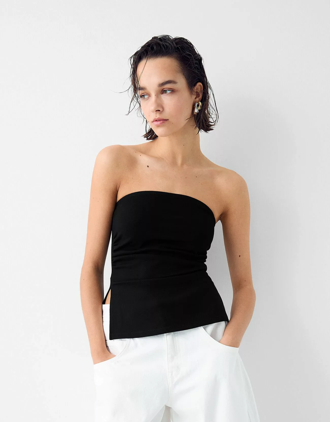 Bershka Bandeau-Top Aus Punto-Di-Roma Mit Raffung Damen S Schwarz günstig online kaufen