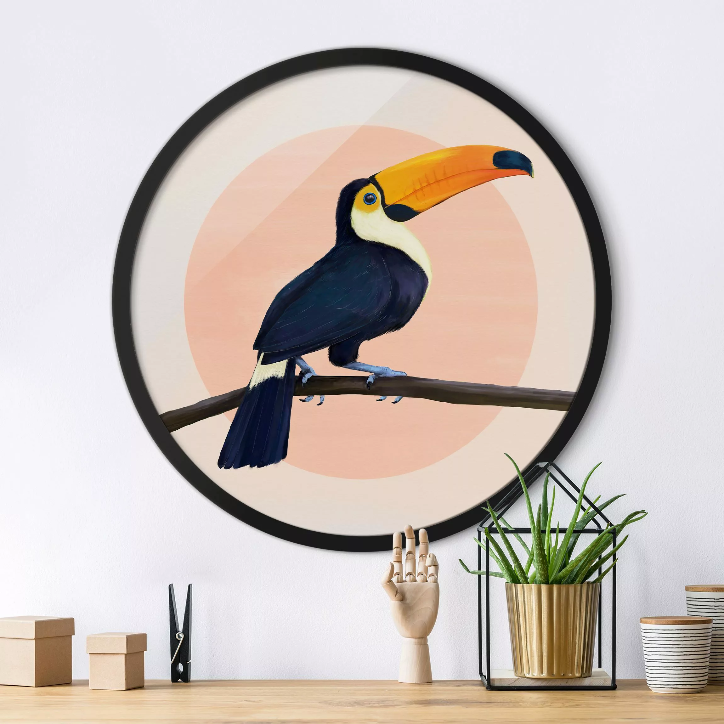 Rundes Gerahmtes Bild Illustration Vogel Tukan Malerei Pastell günstig online kaufen