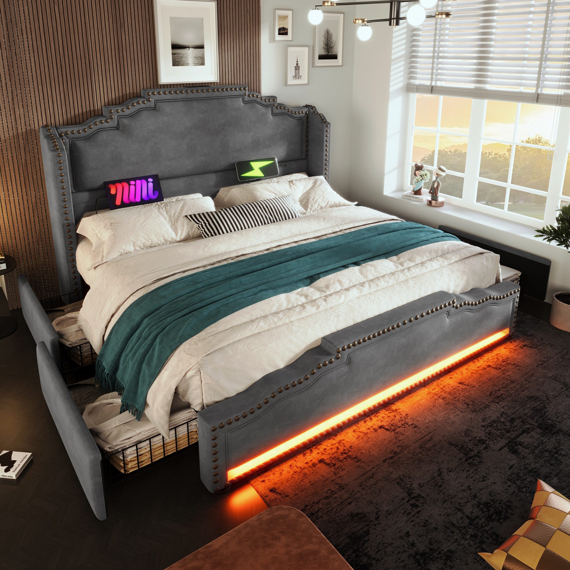 Flieks Polsterbett, Doppelbett 160x200cm mit LED-Beleuchtung günstig online kaufen