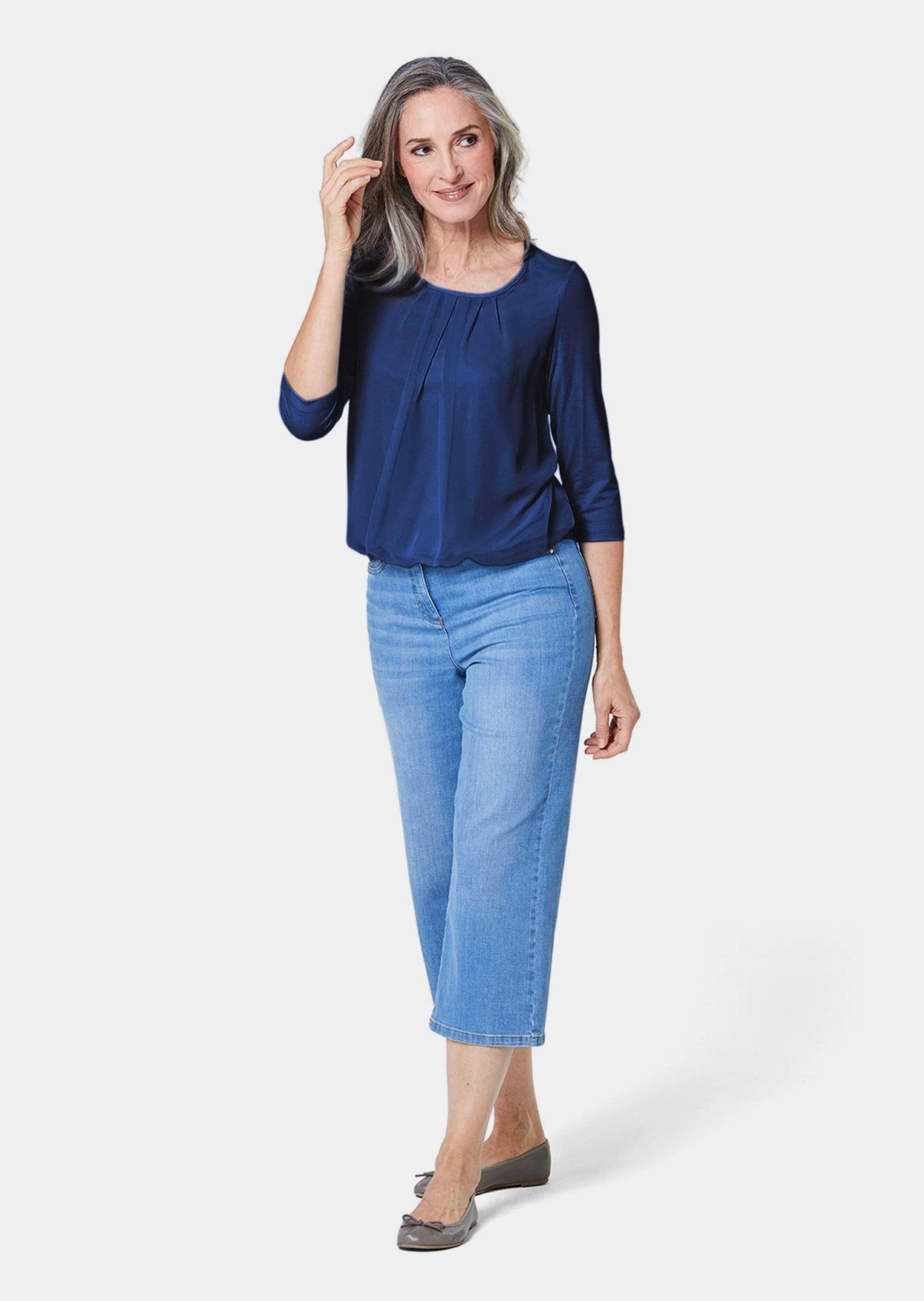 GOLDNER Kurzarmbluse Kurzgröße: Chiffon-Shirt gelb, Rundhals günstig online kaufen