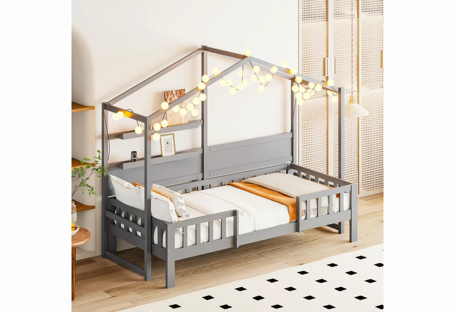 MODFU Kinderbett Holzbett, mit lustigem Dach und Sicherheitszaun (90 x 200 günstig online kaufen