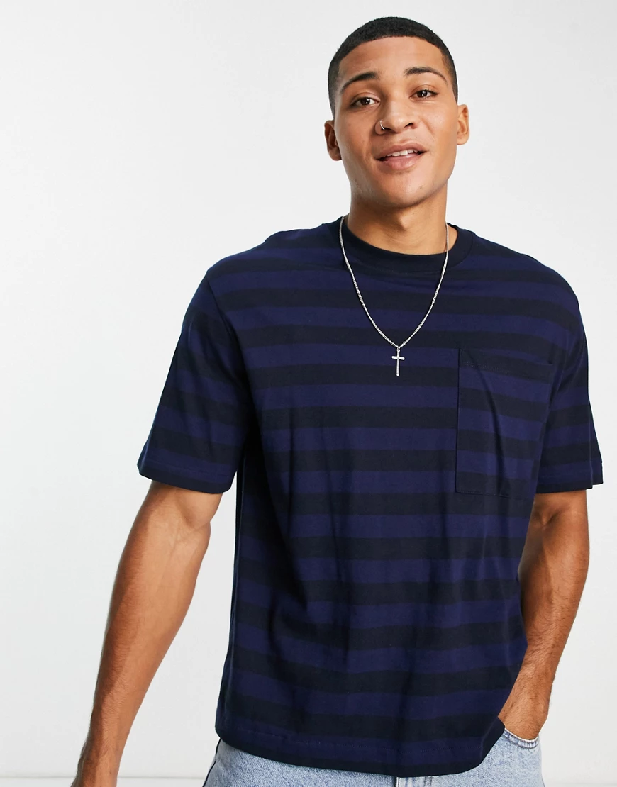 Topman – Kastig geschnittenes T-Shirt mit horizontalem Streifendesign & Bru günstig online kaufen