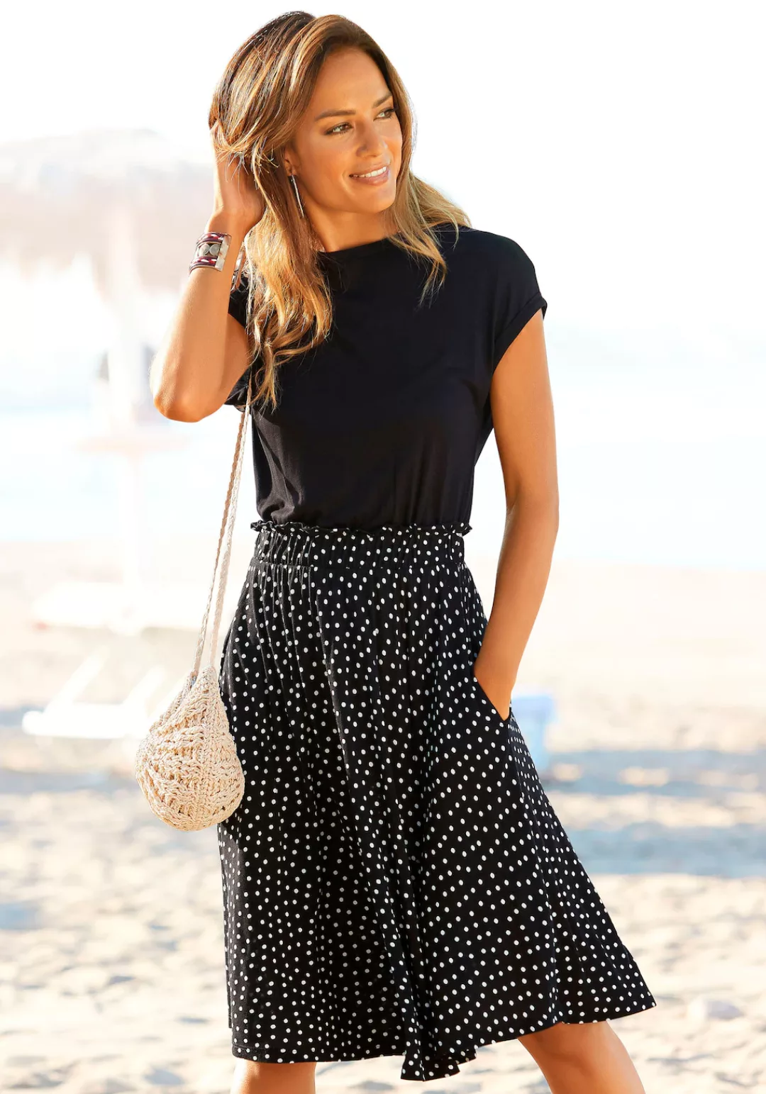 Beachtime Jerseykleid mit Paperbag-Bund und Taschen, Druckkleid, sommerlich günstig online kaufen