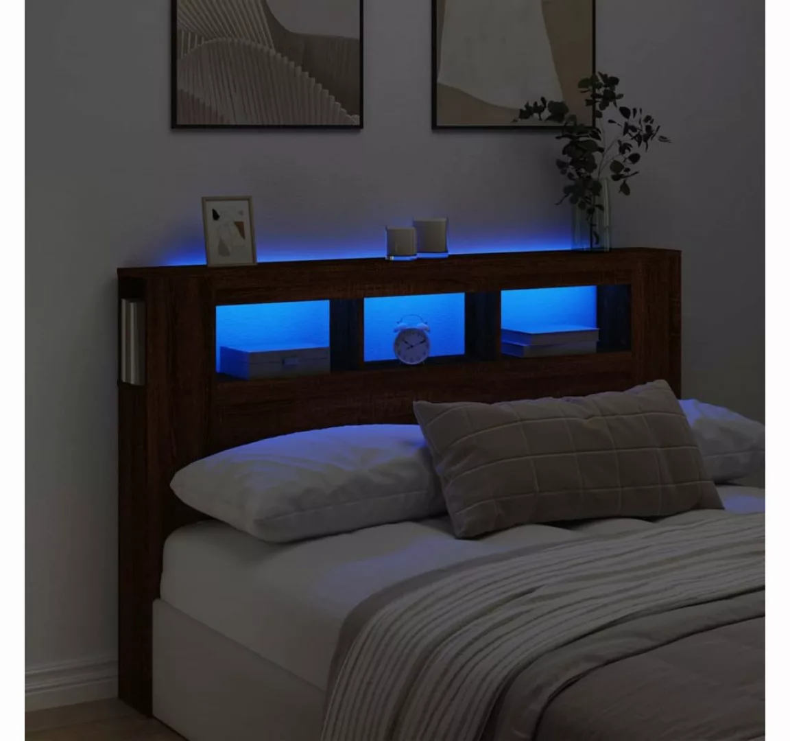 vidaXL Bett, LED-Kopfteil Braun Eichen-Optik 160x18,5x103,5 cm Holzwerkstof günstig online kaufen