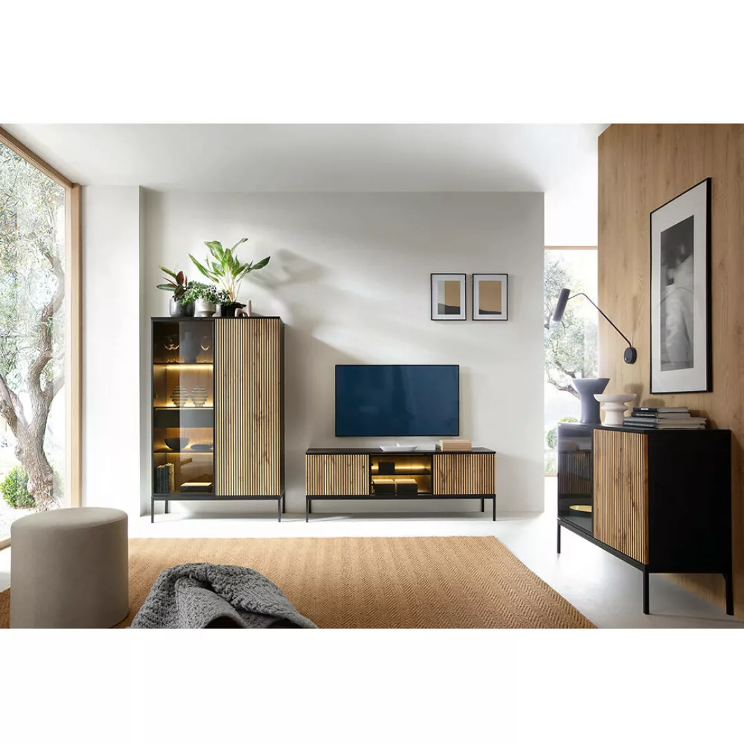 Wohnzimmer Set, 3-teilig, inkl. Beleuchtung, schwarz mit Wotan Eiche SIBARI günstig online kaufen