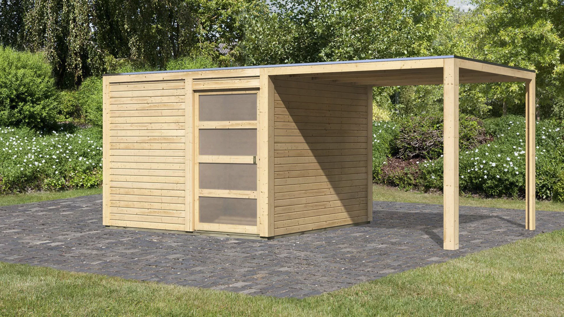 Karibu Gartenhaus "Quellsee 2", (Set), mit Anbaudach, naturbelassen oder te günstig online kaufen