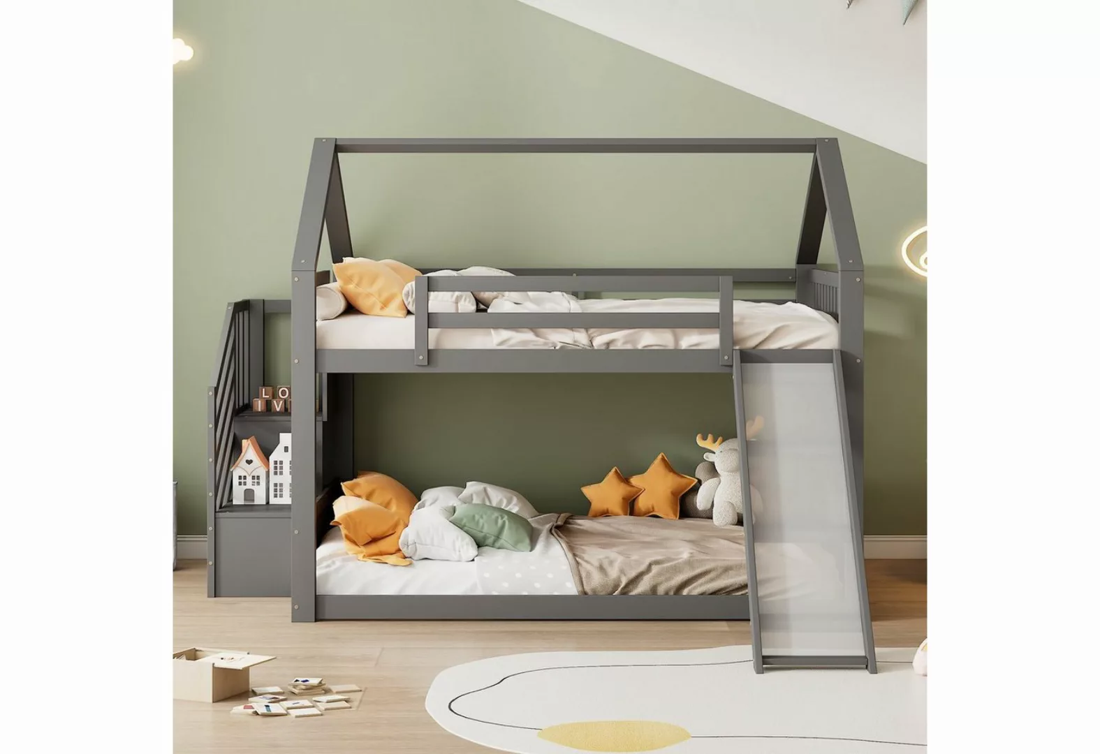 Flieks Etagenbett, Kinderbett mit Treppe & Rutsche & oberem Lattenrost 140x günstig online kaufen