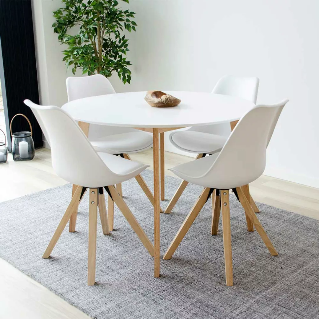 Runder Küchentisch in Weiß und Holz Naturfarben Skandi Design günstig online kaufen