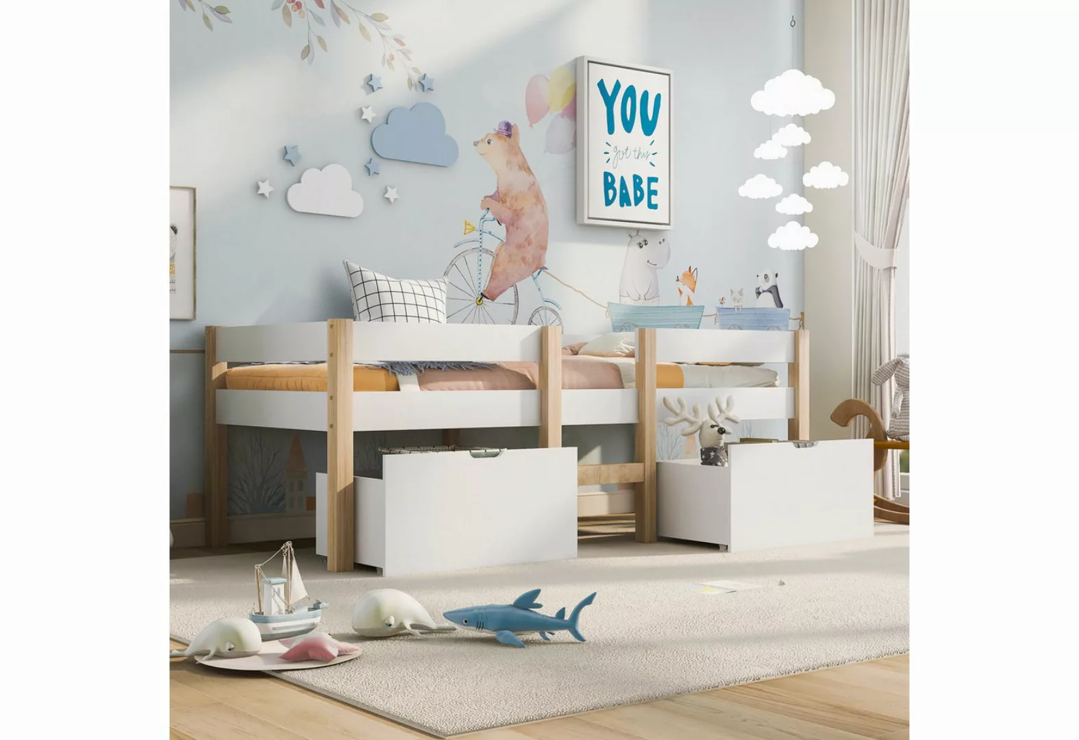 Refined Living Kinderbett Massives Kiefernholzbett Hochbett Bett mit Schubl günstig online kaufen