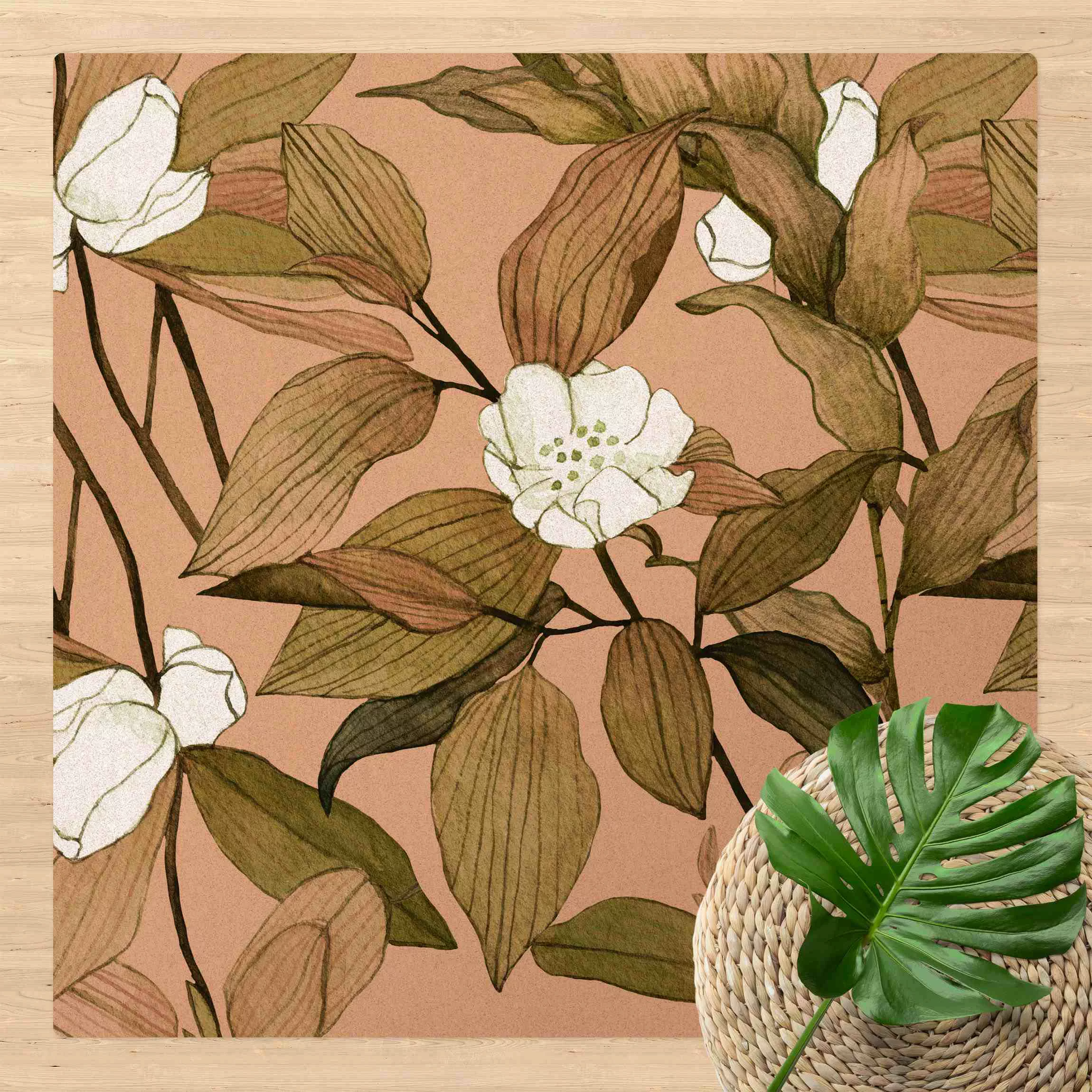 Kork-Teppich Romantisches Blütenaquarell Weiße Blüten günstig online kaufen