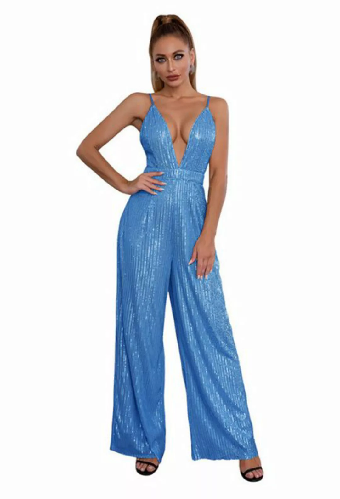 CHENIN 7/8-Overall Deep V Rückenfrei Pailletten Jumpsuit Ärmelloser Halter günstig online kaufen