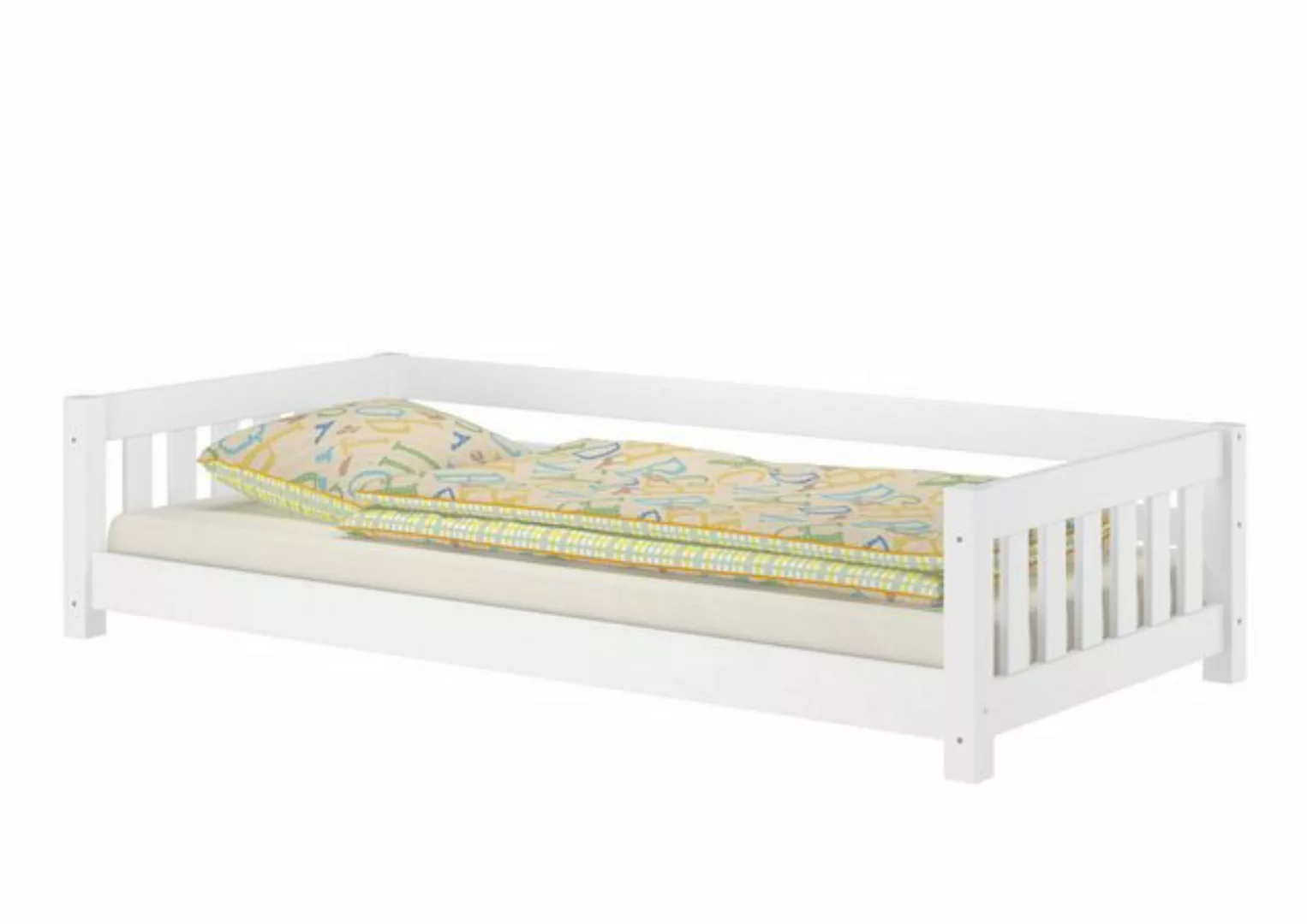 ERST-HOLZ Bett Weißes Niederflurbett für Kinder 90x200 Kiefer massiv Zubehö günstig online kaufen