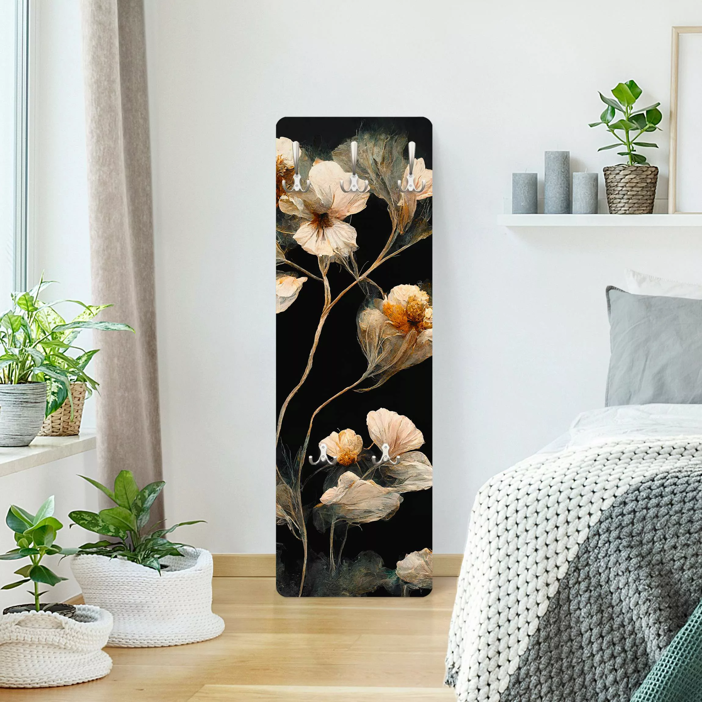 Wandgarderobe Helle Blüten auf Schwarz günstig online kaufen