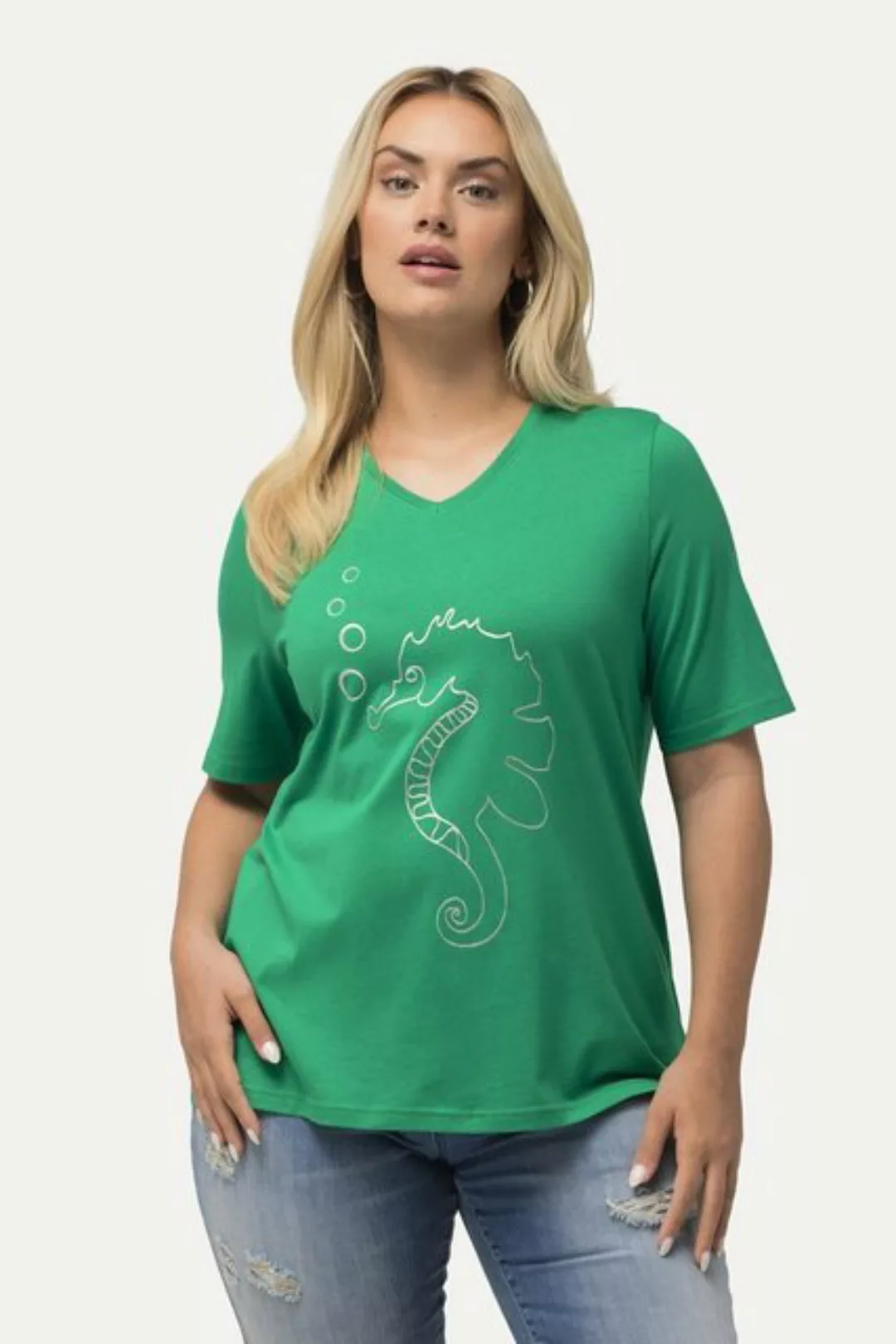 Ulla Popken Rundhalsshirt T-Shirt Metallic-Tier Classic V-Ausschnitt Halbar günstig online kaufen