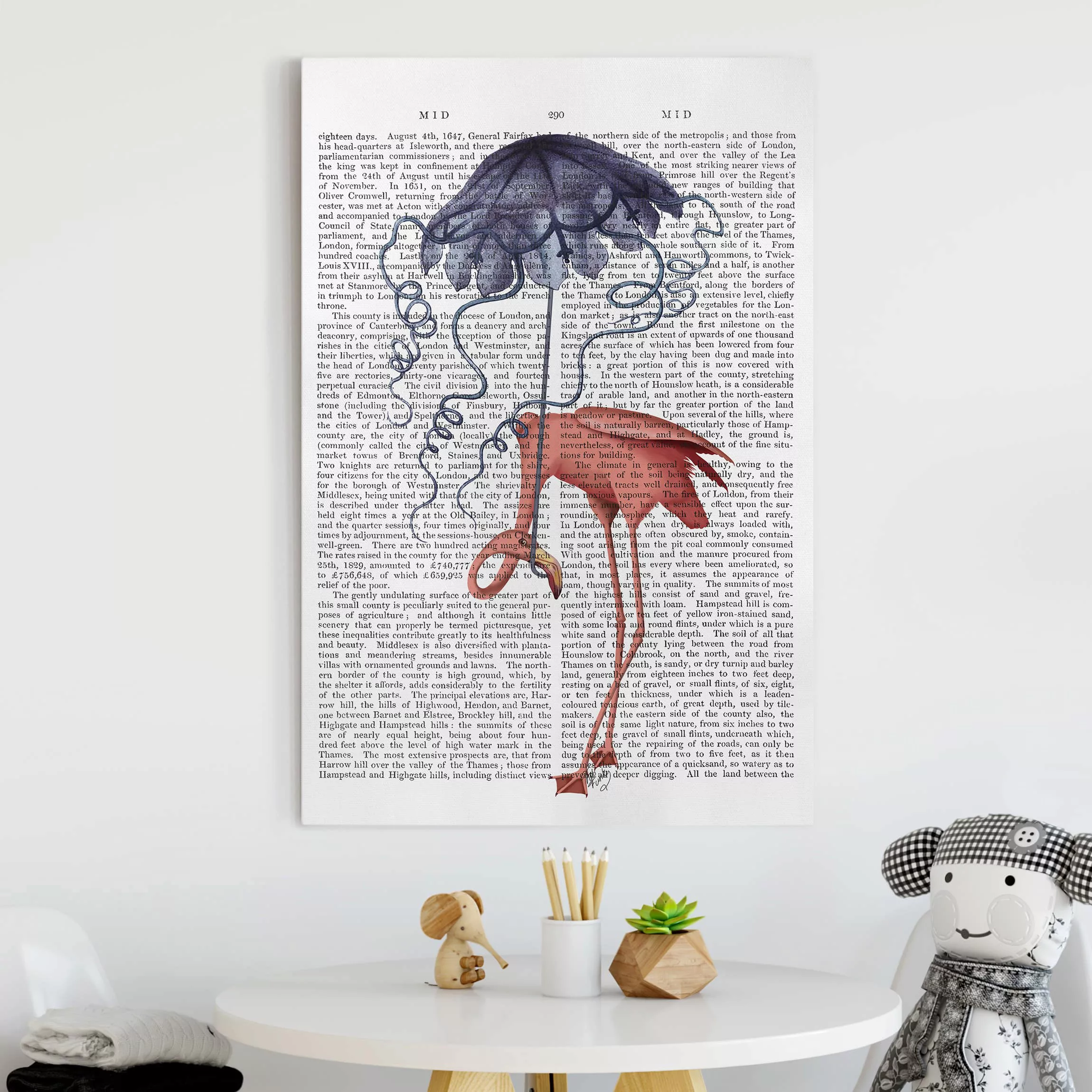 Leinwandbild Tiere - Hochformat Tierlektüre - Flamingo mit Regenschirm günstig online kaufen