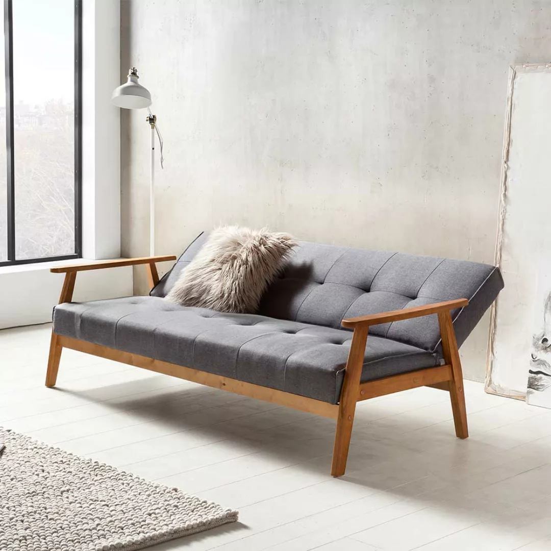 Retro Couch in Dunkelgrau Webstoff Schlaffunktion günstig online kaufen