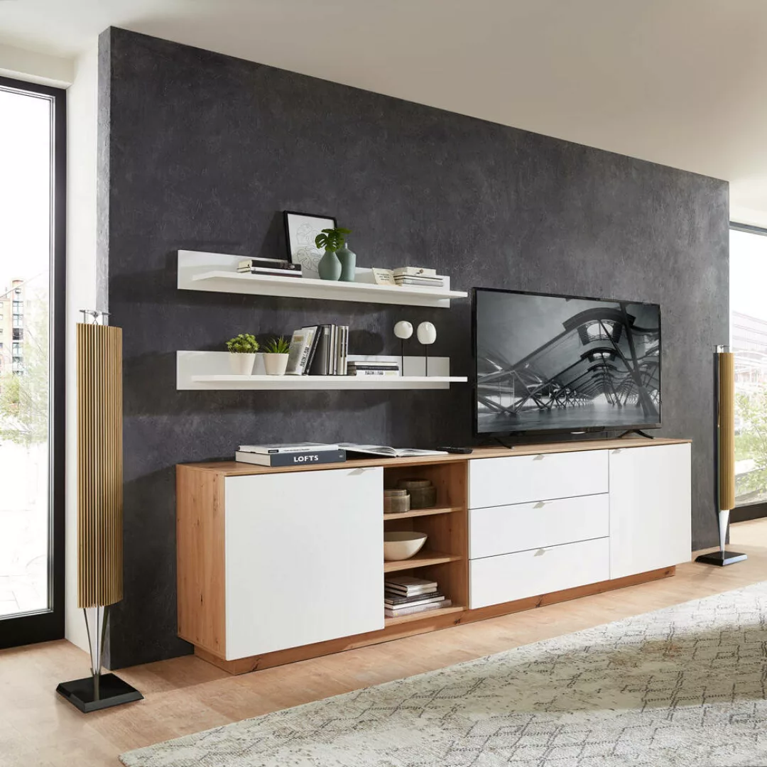 TV Sideboard Set mit Wandregalen Fernsehschrank Eiche mit weiß, Breite 240 günstig online kaufen