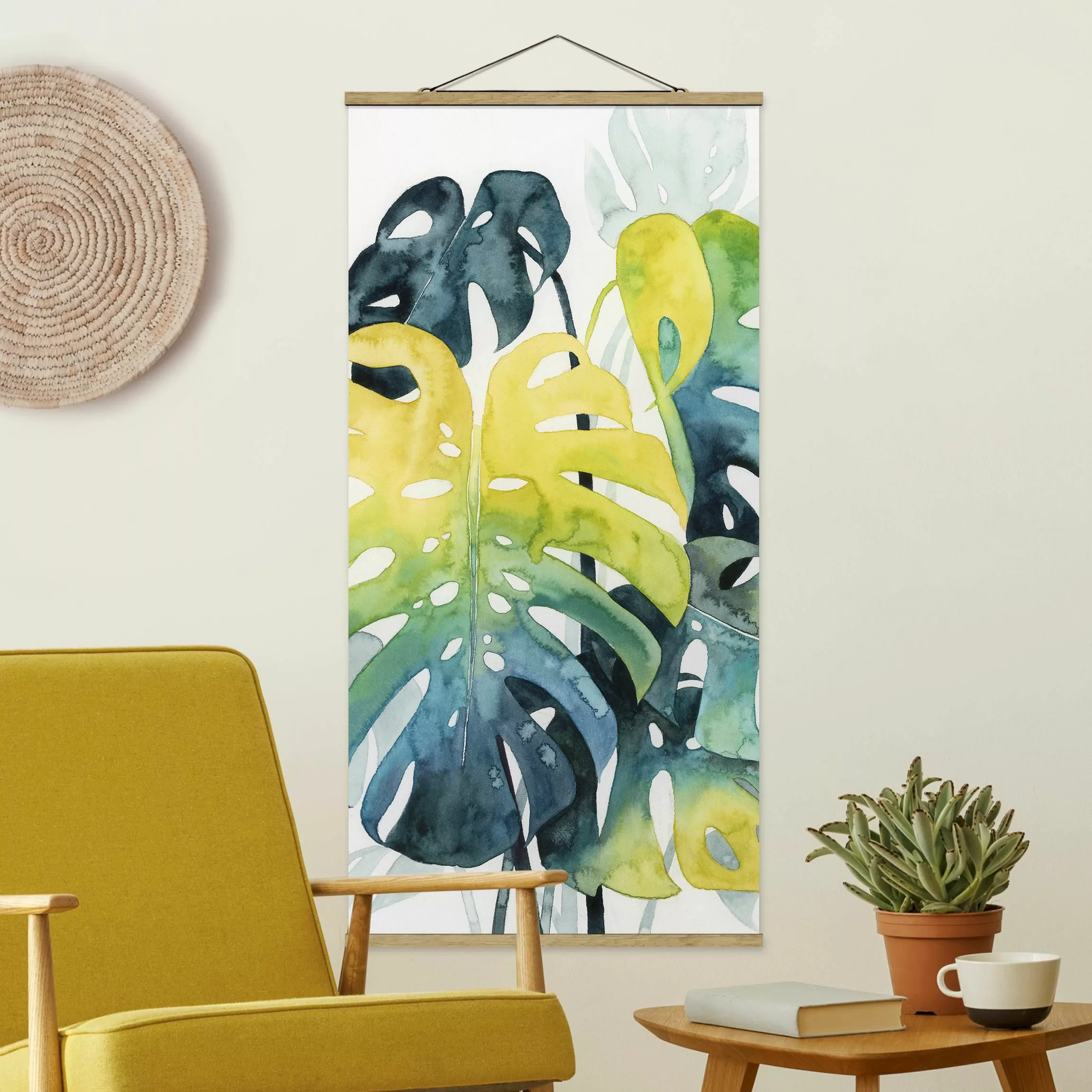 Stoffbild Blumen mit Posterleisten - Hochformat Tropisches Blattwerk - Mons günstig online kaufen