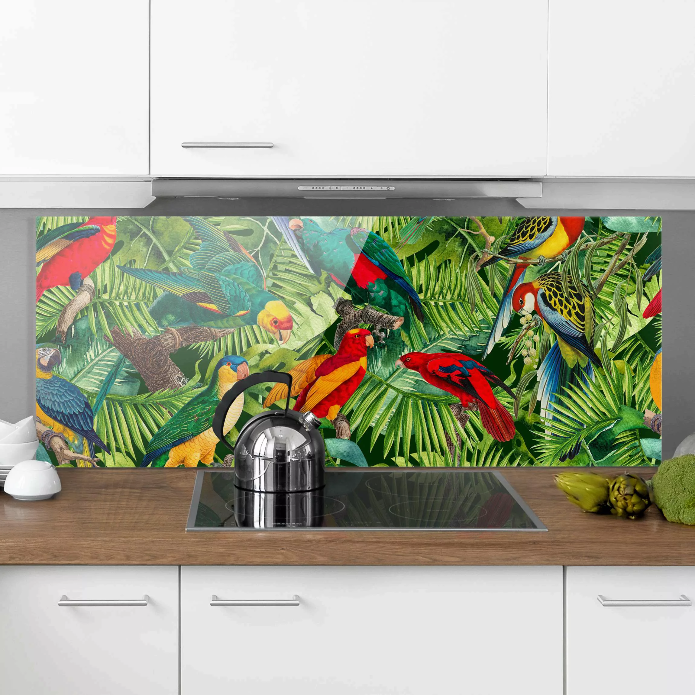 Spritzschutz Bunte Collage - Papageien im Dschungel günstig online kaufen