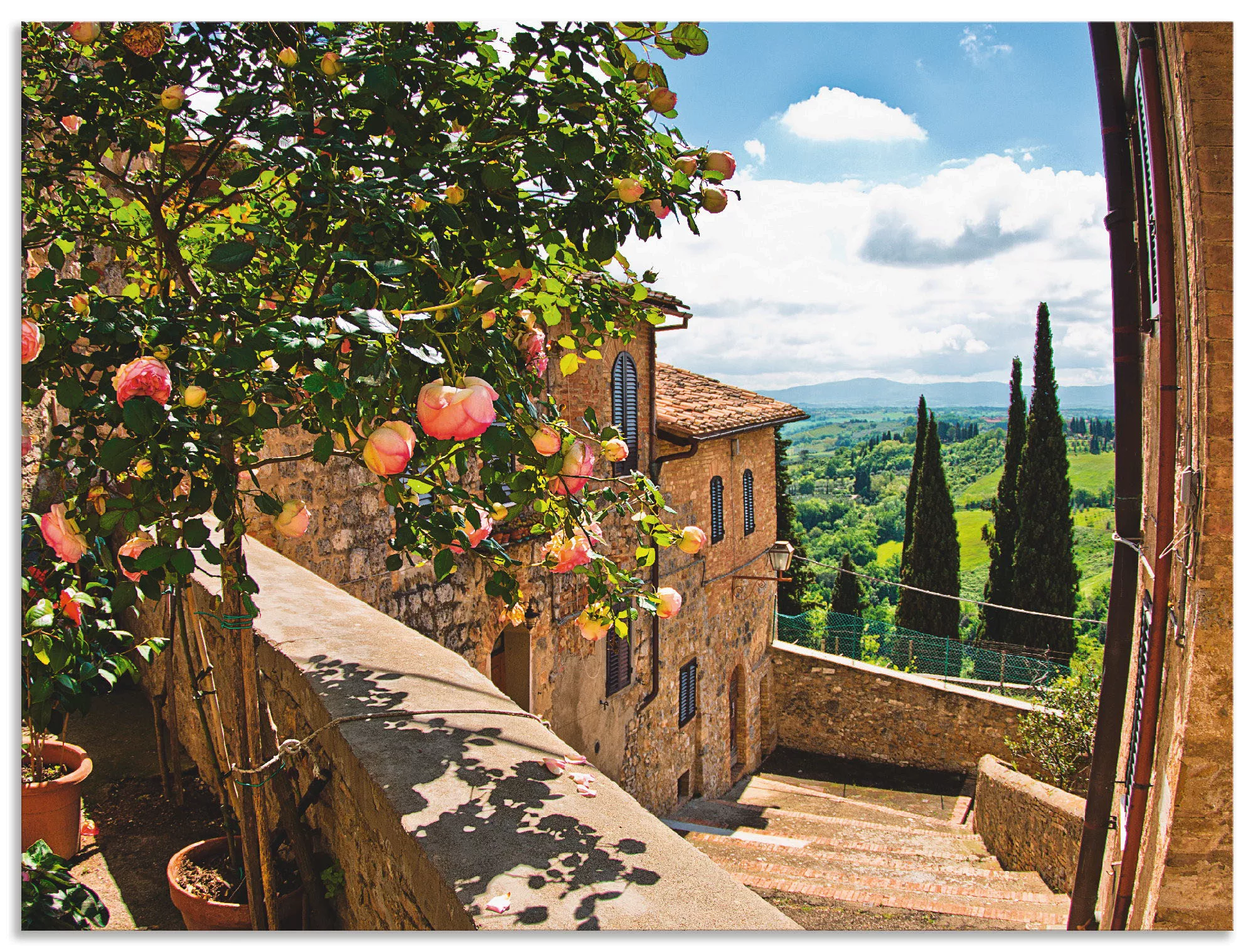 Artland Wandbild »Rosen auf Balkon Toskanalandschaft«, Garten, (1 St.), als günstig online kaufen