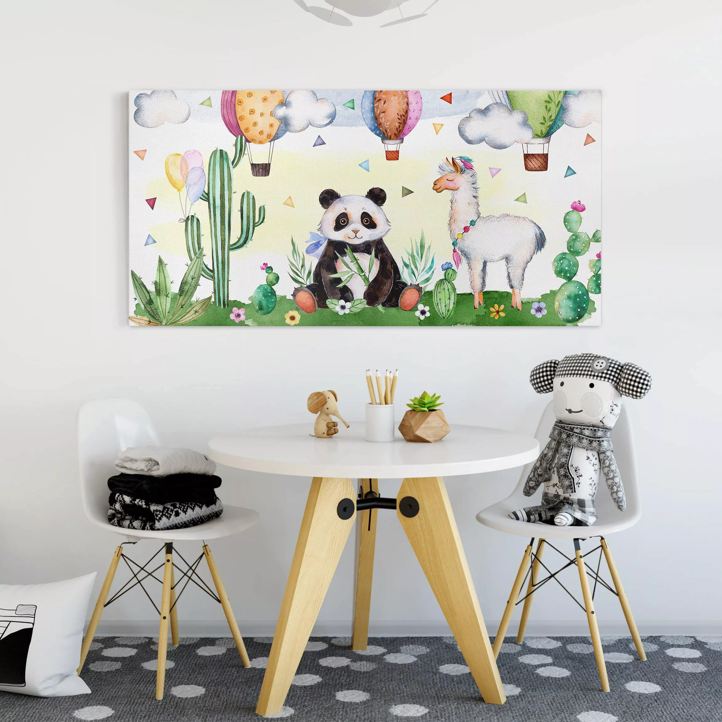 Leinwandbild Kinderzimmer - Querformat Panda und Lama Aquarell günstig online kaufen