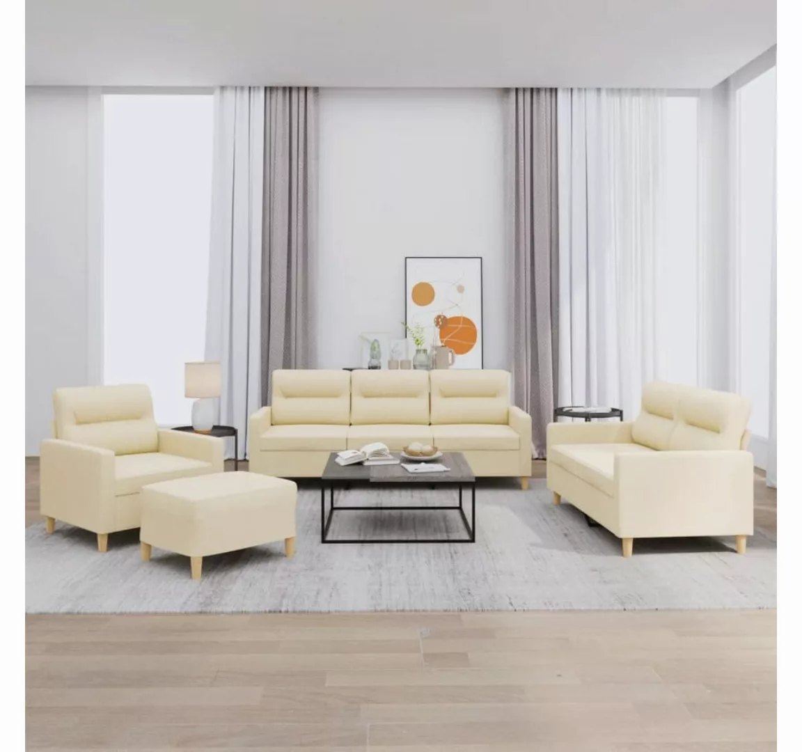 vidaXL Sofa Sofagarnitur Set mit Kissen Stoff, 4-tlg., Creme günstig online kaufen