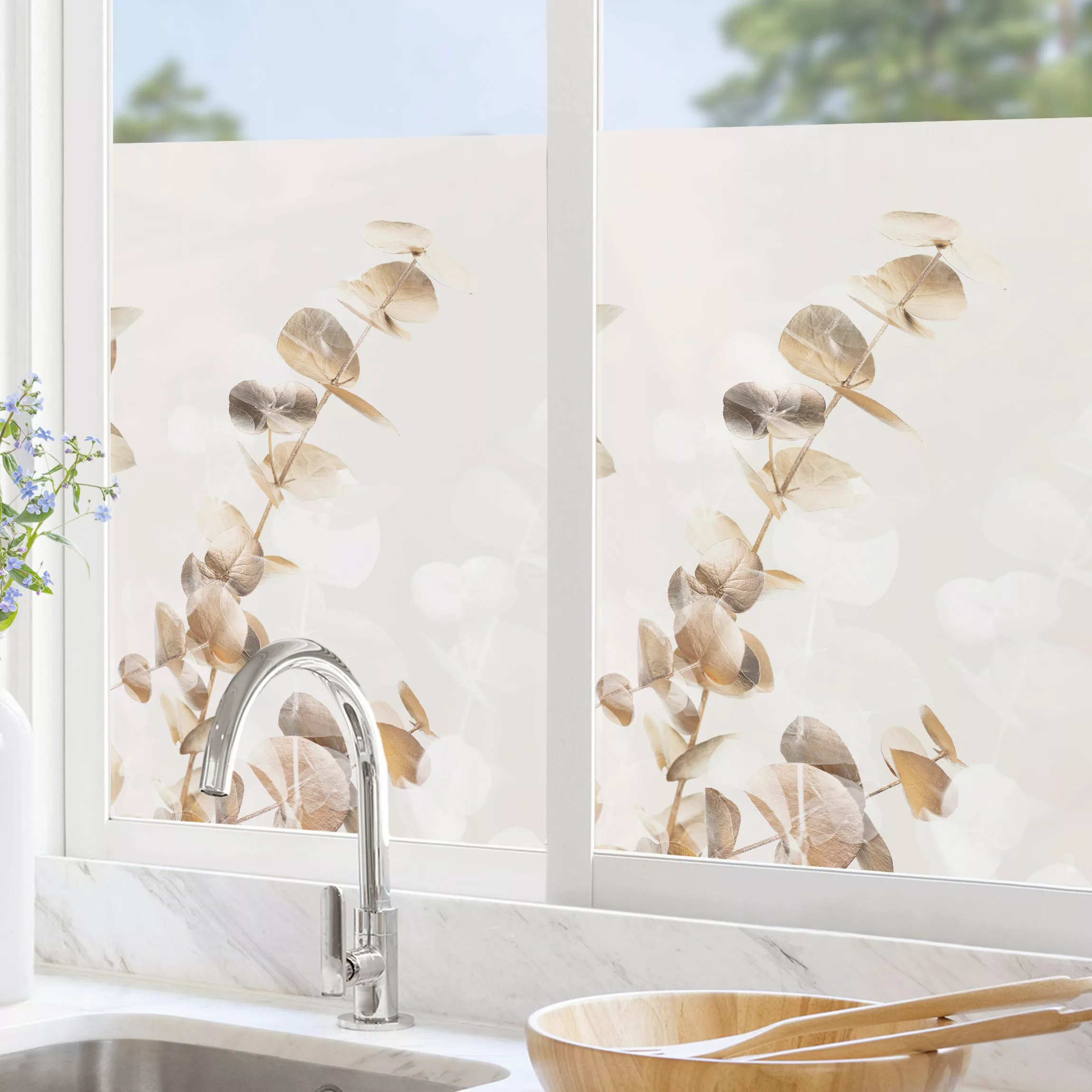 Fensterfolie Goldene Eukalyptuszweige mit Weiß I günstig online kaufen