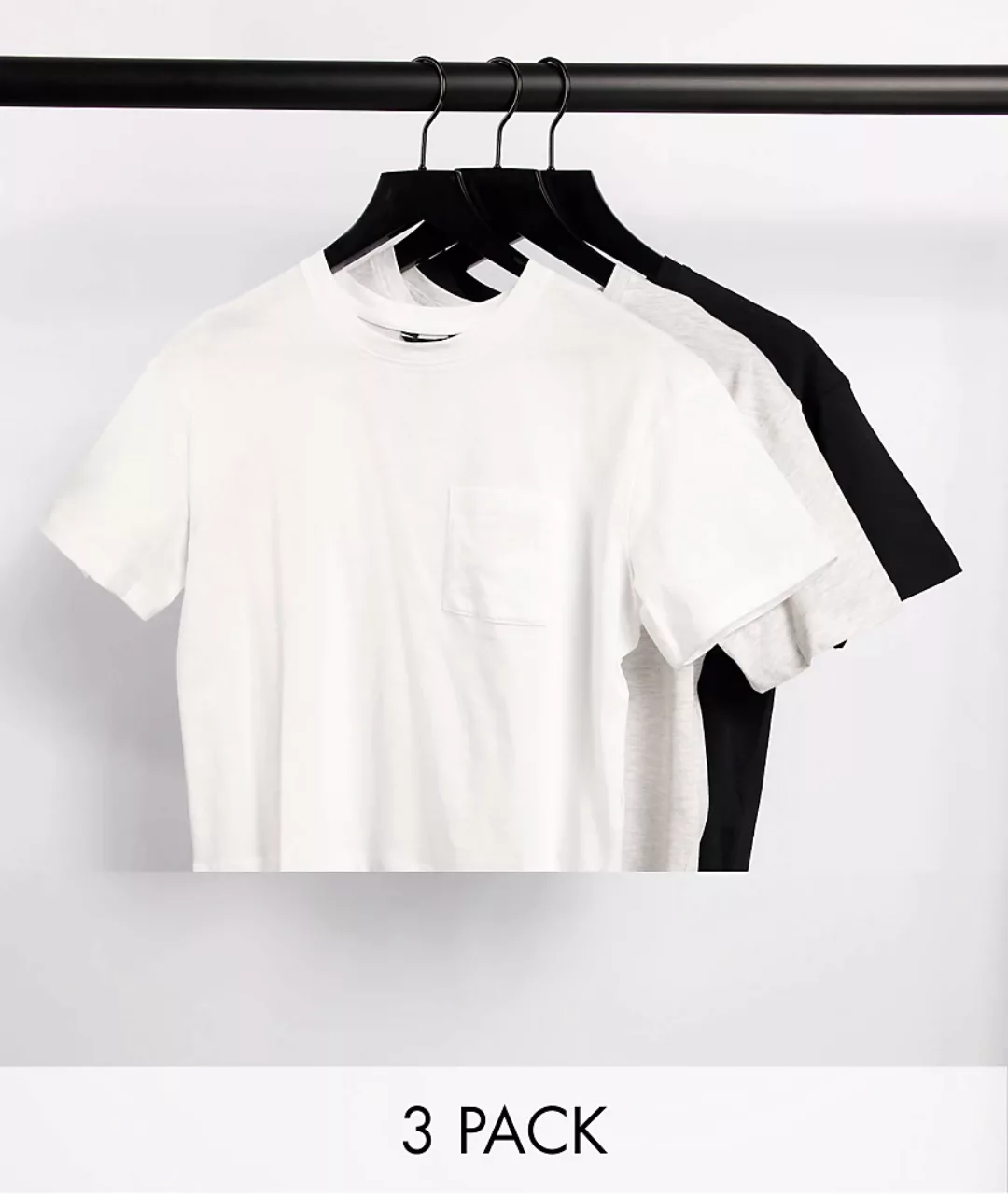 New Look – 3er-Pack kastenförmige T-Shirts-Schwarz günstig online kaufen