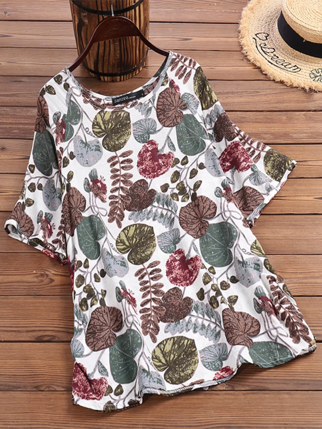 Vintage Leaves Print Kurzarm Plus Größe T-Shirt günstig online kaufen