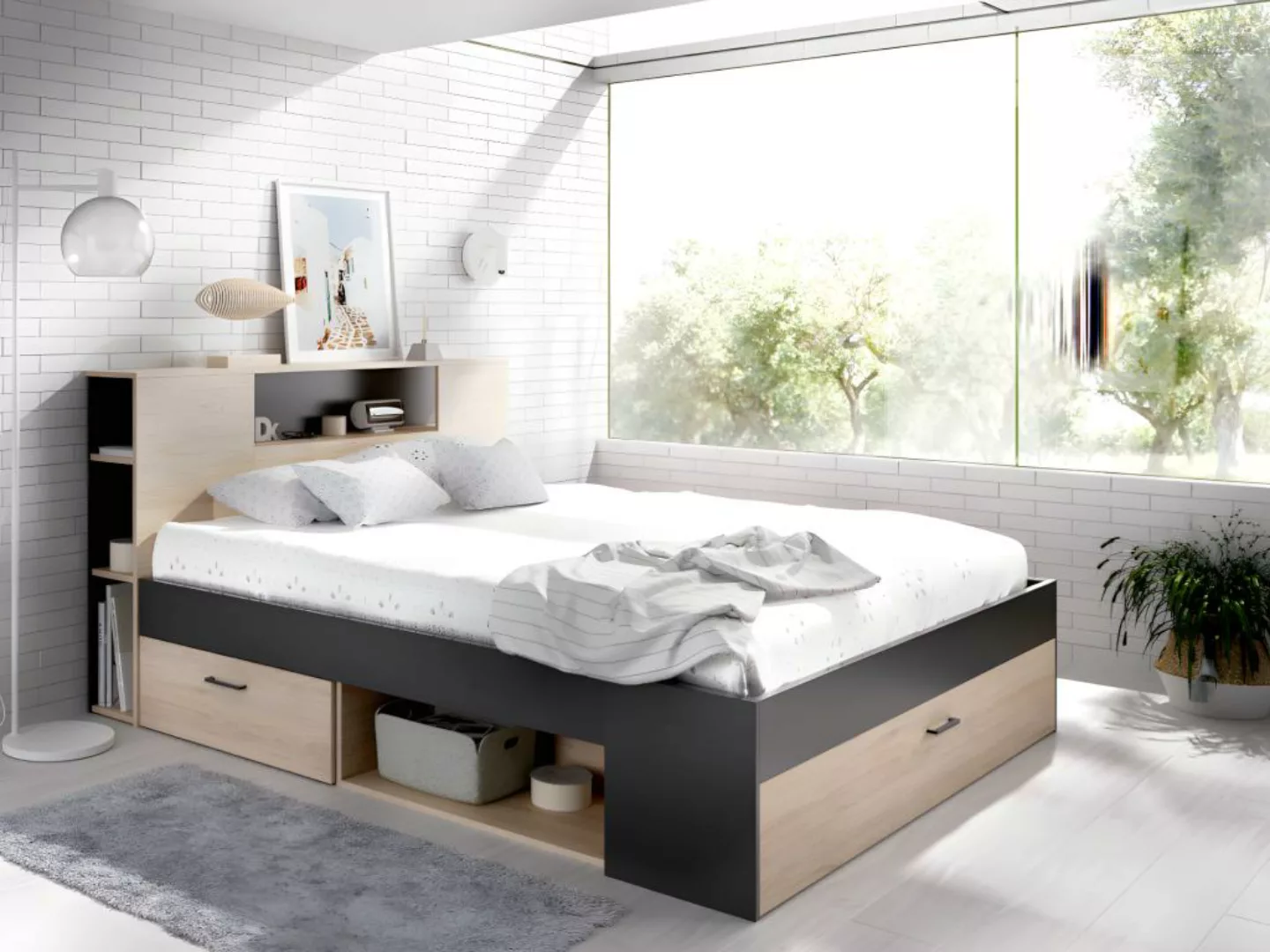 Bett mit Stauraum & Schubladen + Lattenrost + Matratze - 160 x 200 cm - Nat günstig online kaufen