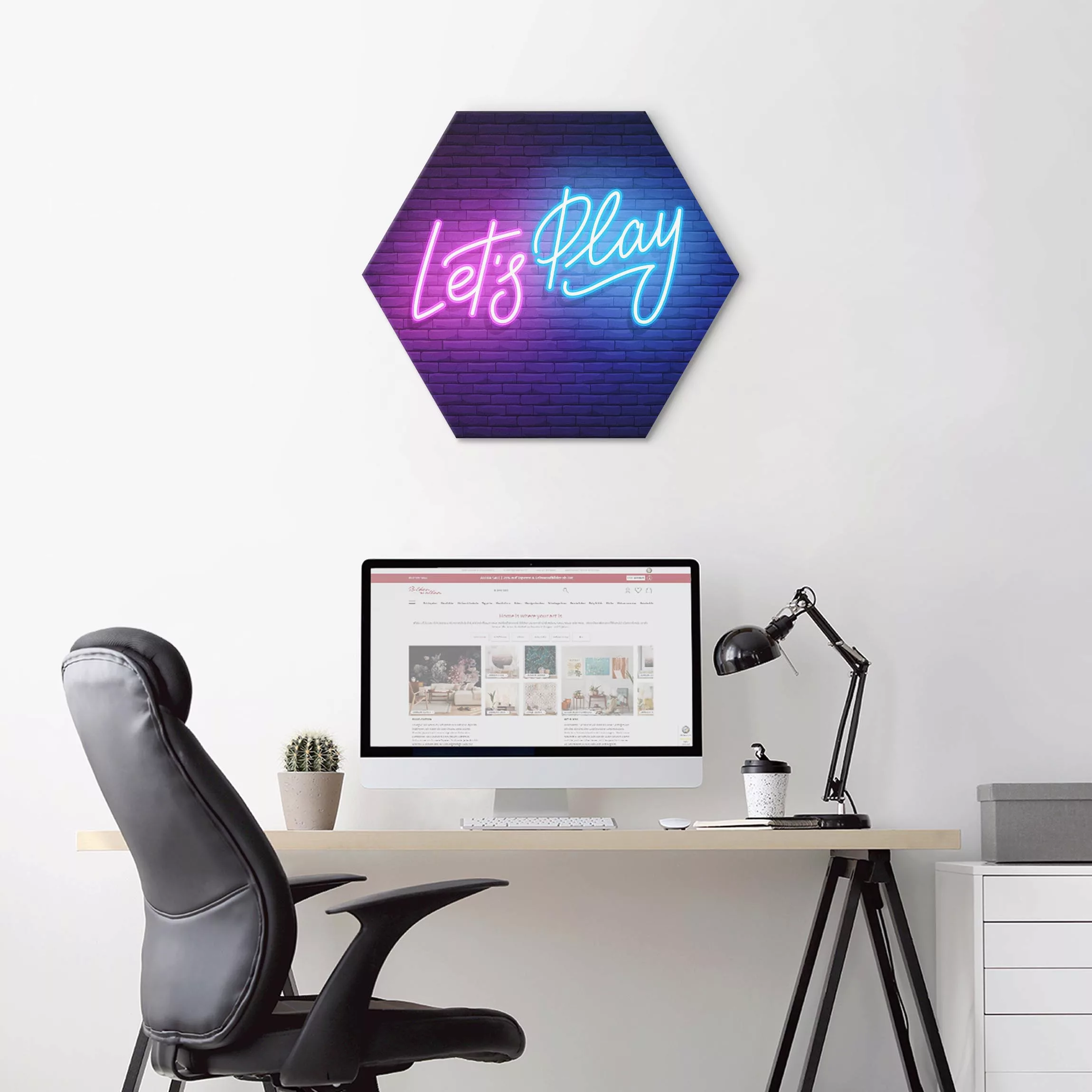 Hexagon-Alu-Dibond Bild Neon Schrift Let's Play günstig online kaufen