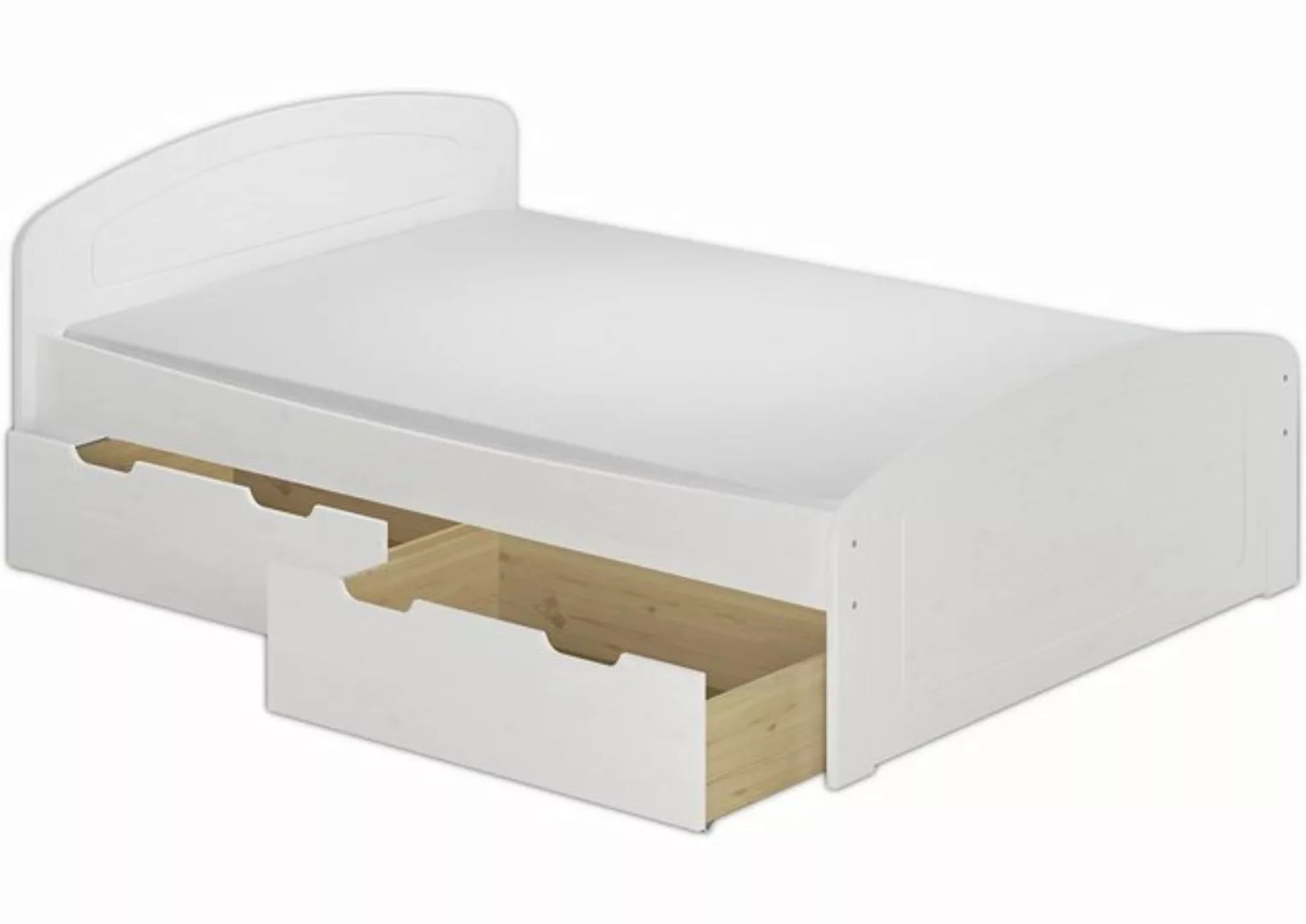 Erst-Holz® Doppelbett 140x200 Kiefer weiß + Rost + Matratze + 3 Staukästen günstig online kaufen
