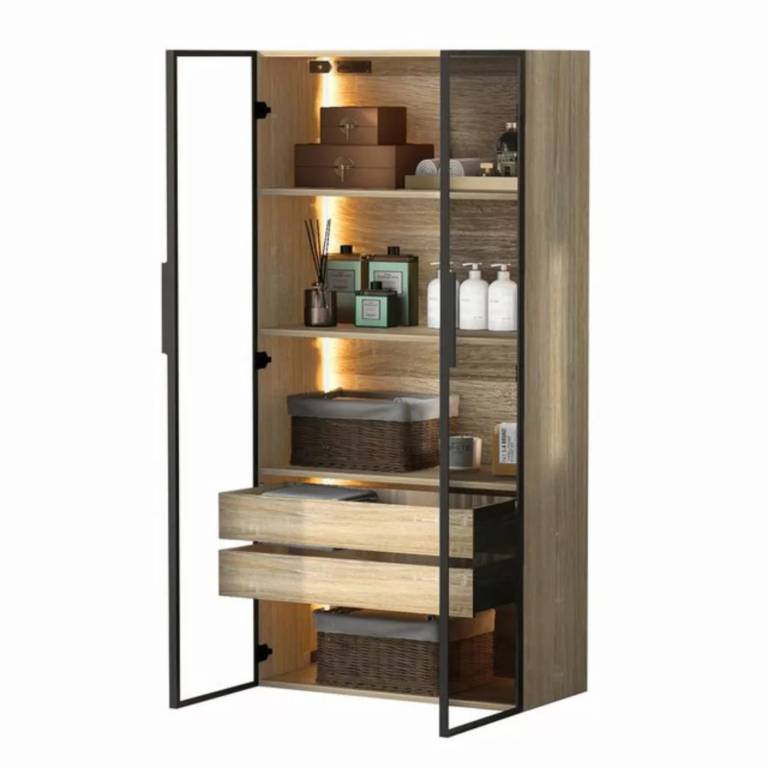 HT Mehrzweckschrank mit 2 großen Schubladen und 2 Glastür, 74 x 36 x 155cm günstig online kaufen