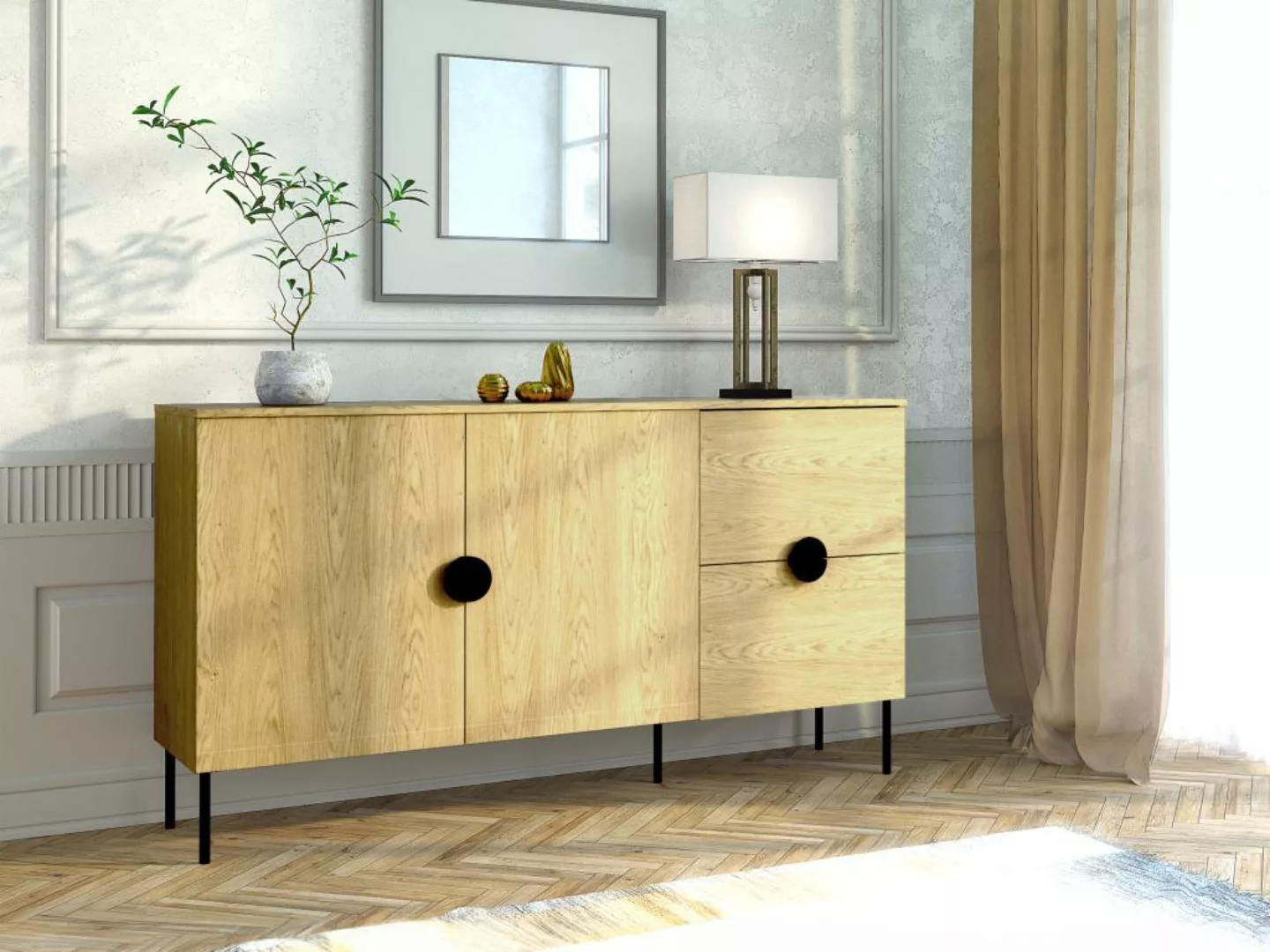 Sideboard mit 2 Türen & 2 Schubladen - Holzfarben & Schwarz - NATANIEL günstig online kaufen