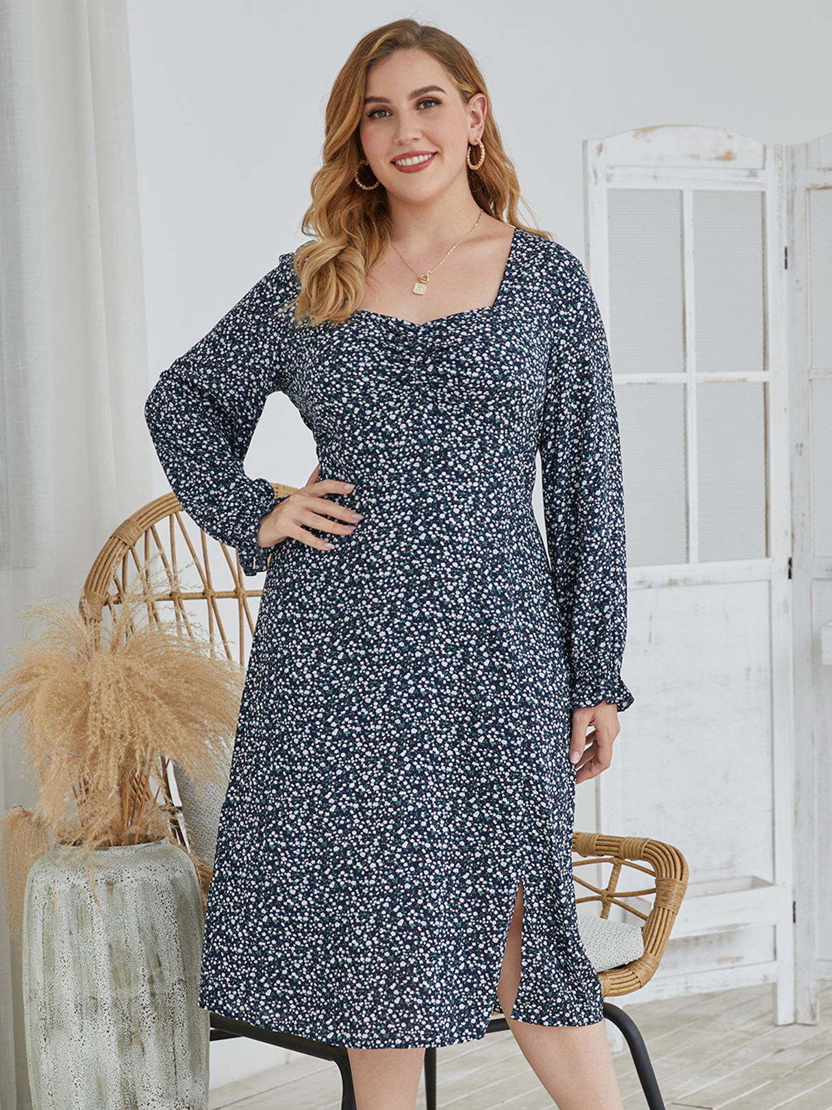 Plus Size Calico mit langen Ärmeln Kleid günstig online kaufen