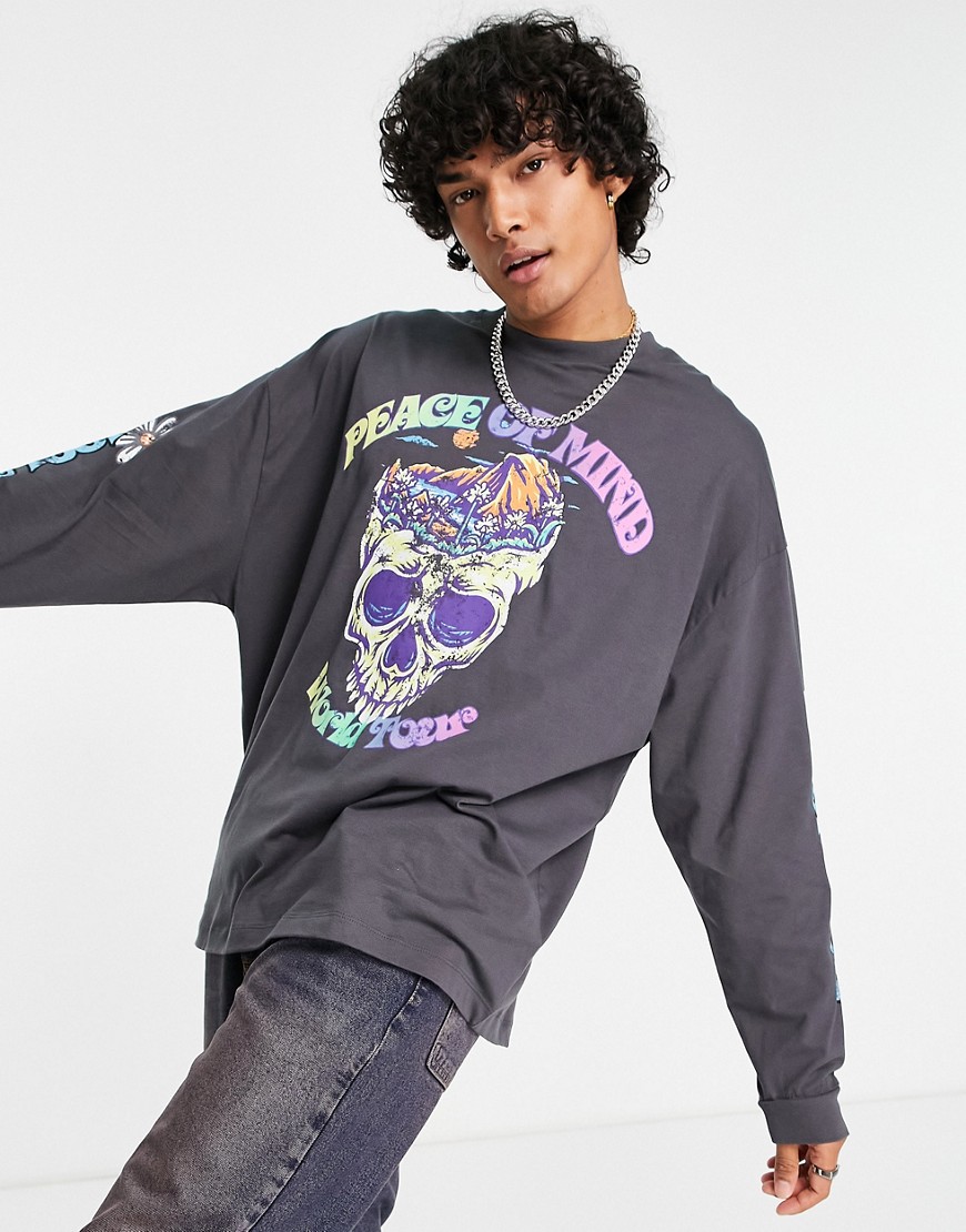 ASOS DESIGN – Langärmliges Oversize-Shirt in Grau mit Totenkopf-Print auf d günstig online kaufen