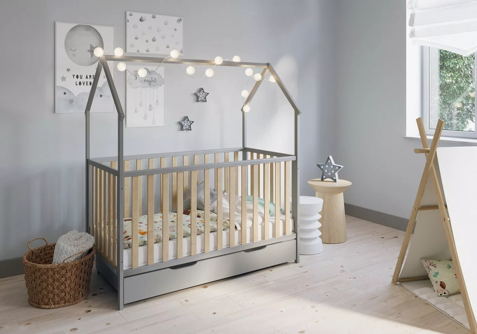 FabiMax Kinderbett Hausbett Schlafmütze Grau / Natur, Kiefer massiv, Gitter günstig online kaufen